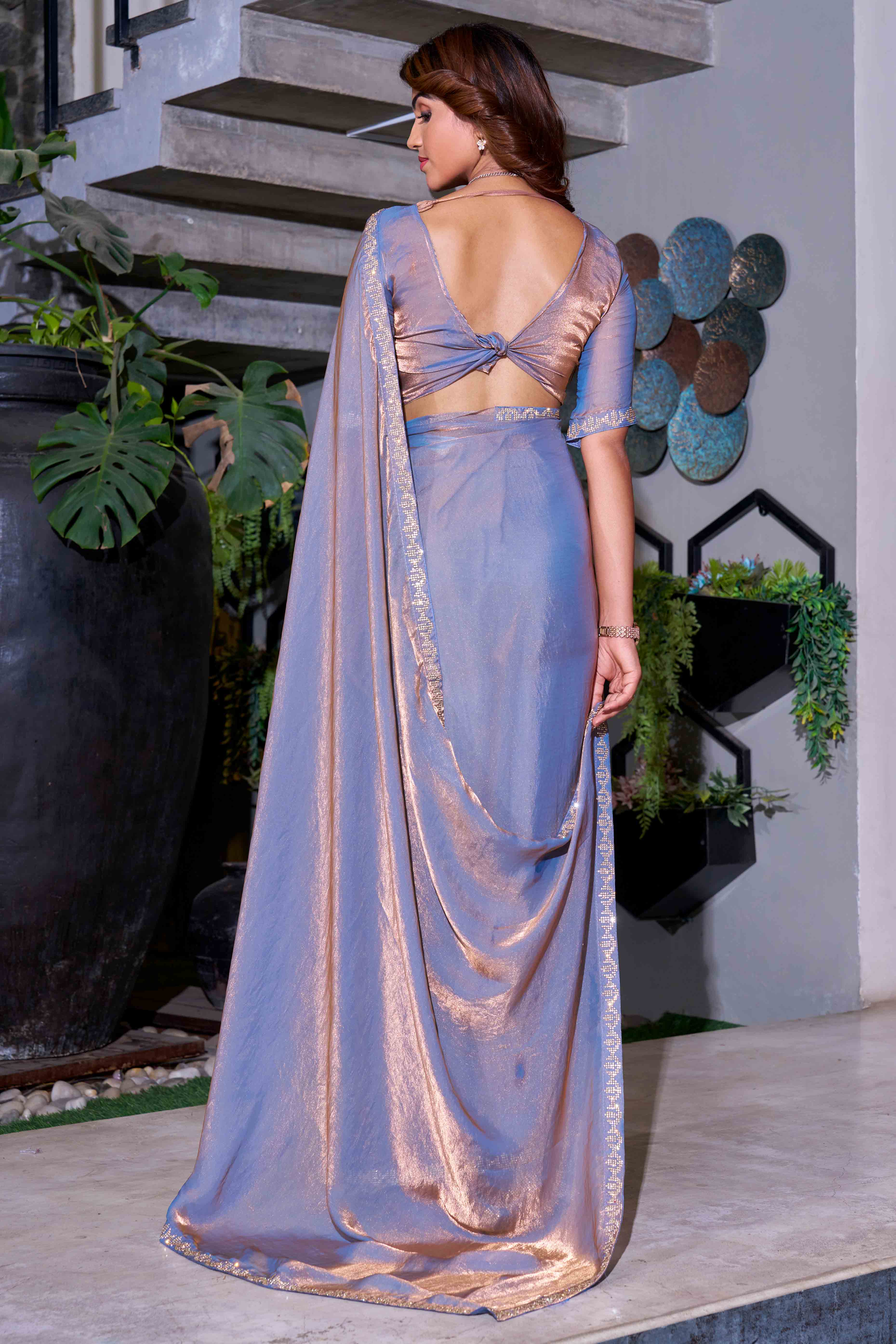 Lavender Stone Work Embroidered Satin Silk Saree