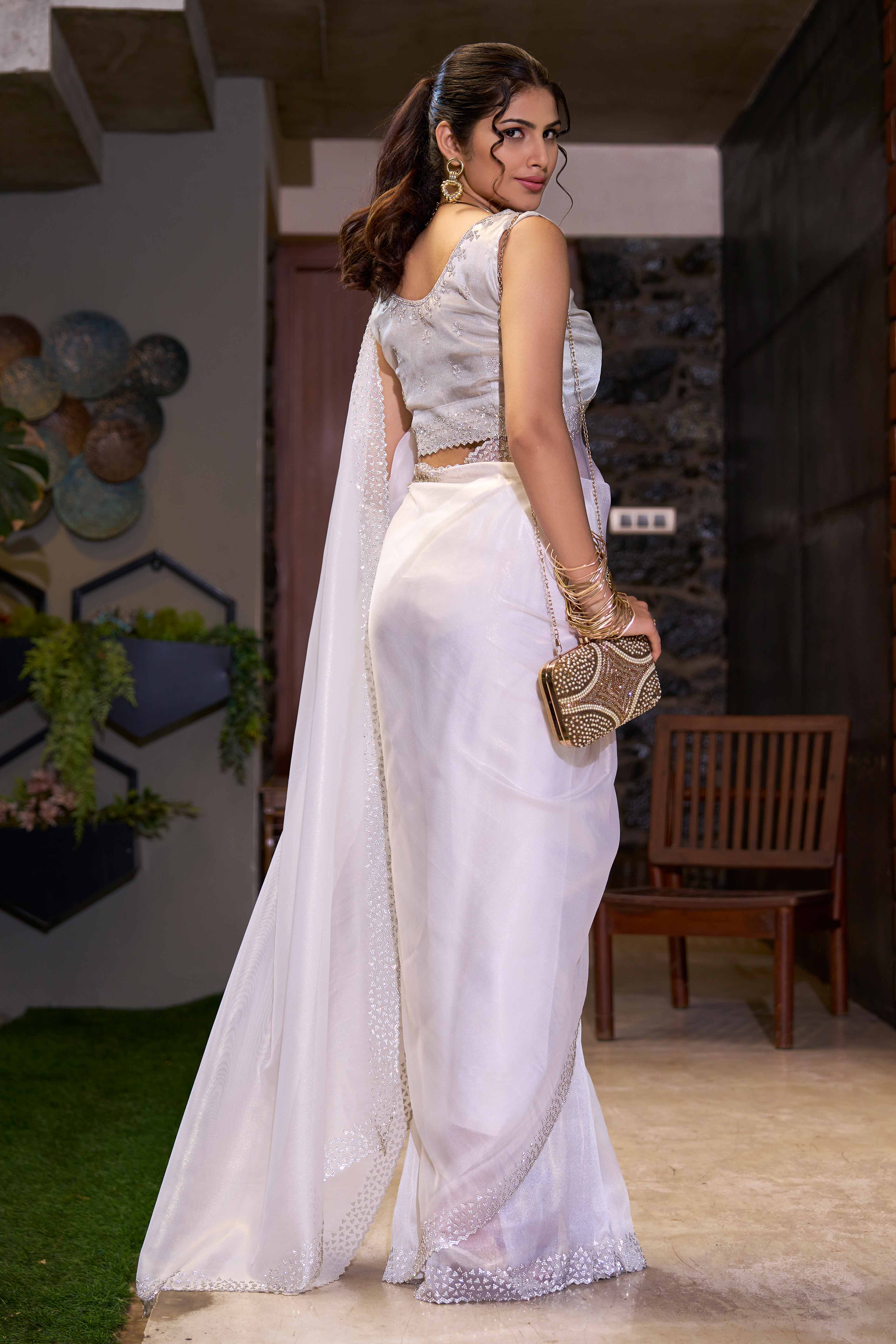 White Solid With Zarkan Work Organza Saree