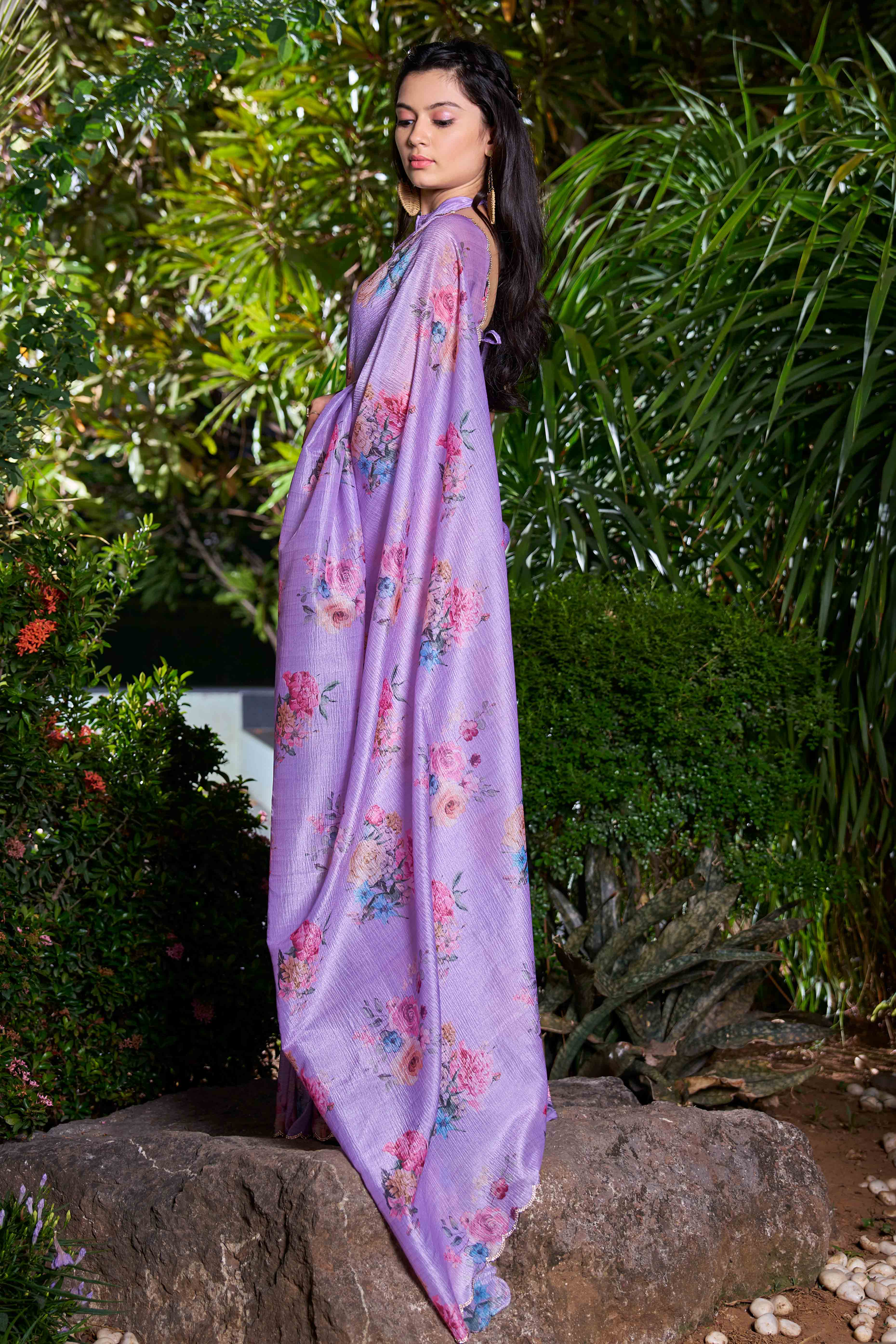Purple Floral Printed Art Silk Saree