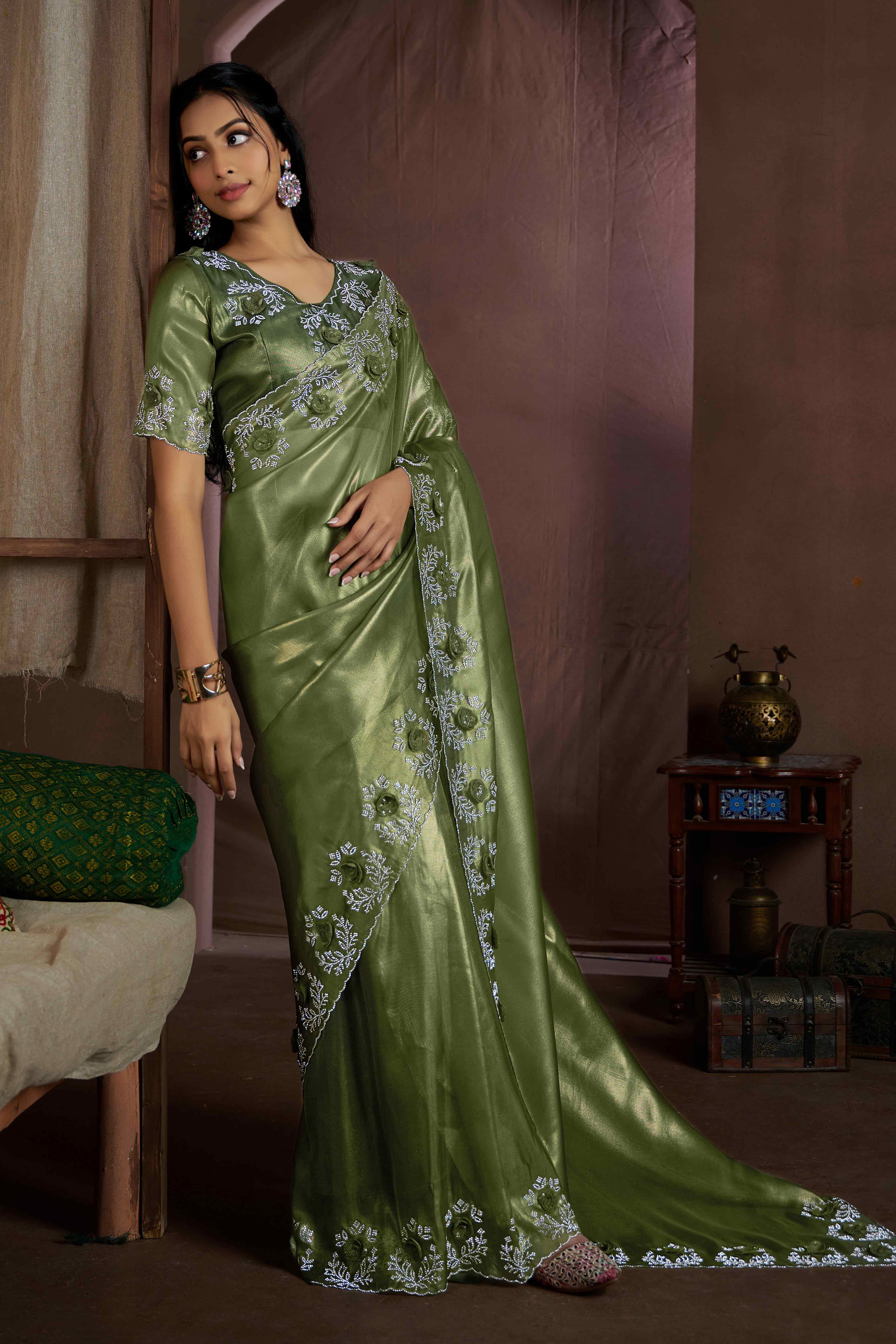 Green Floral Sequins With Zarkan Work Organza Saree