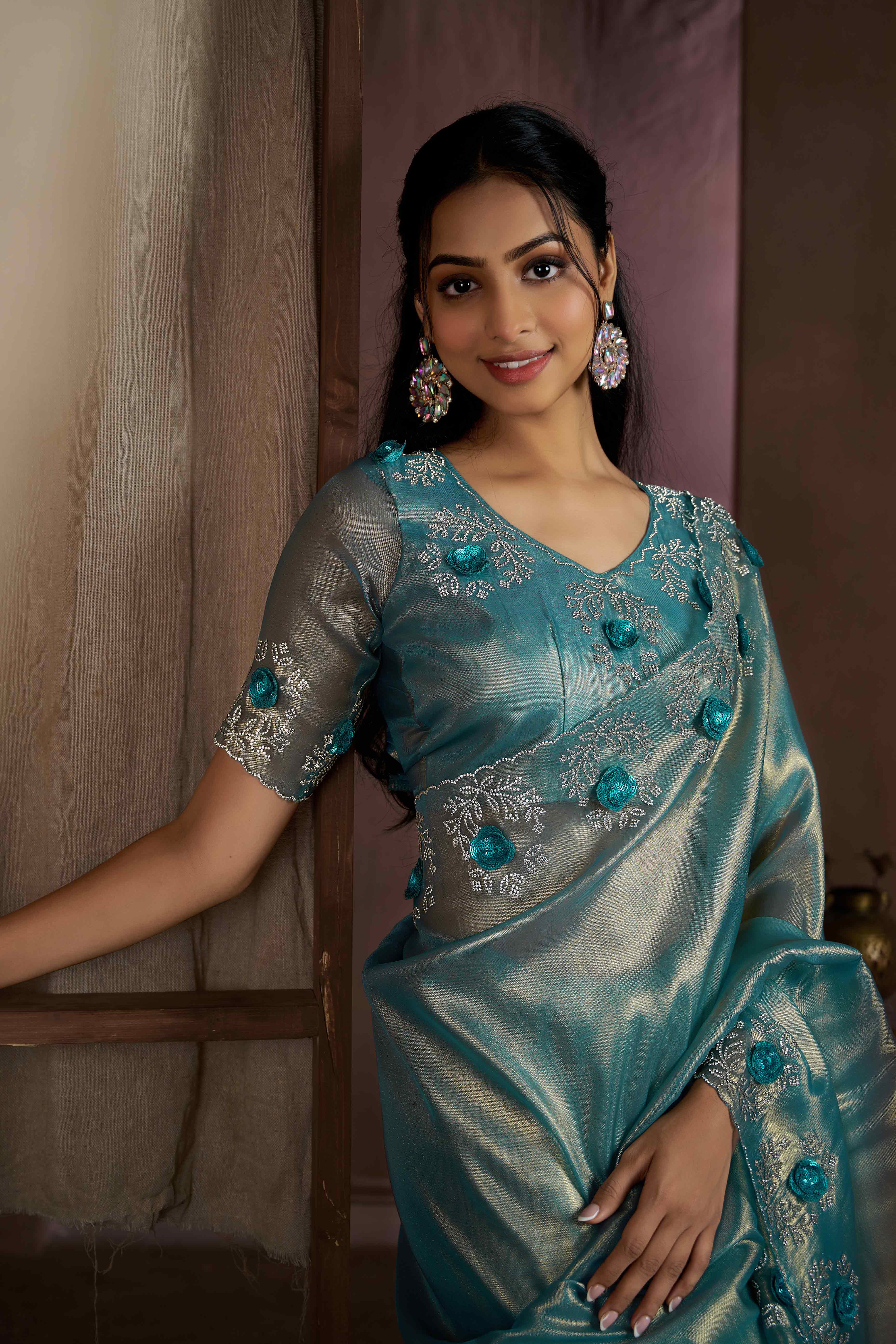 Blue Floral Sequins With Zarkan Work Organza Saree