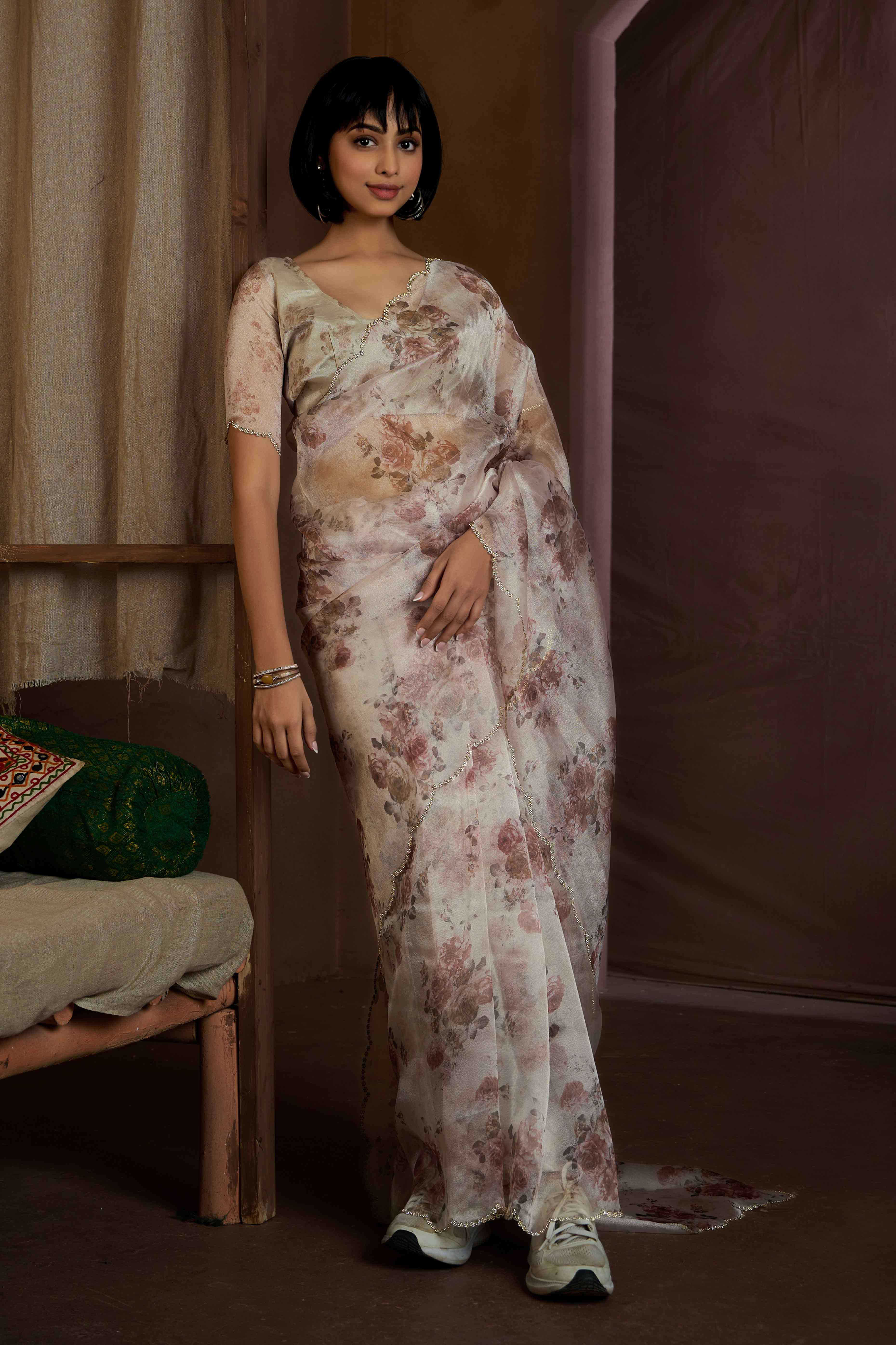 White Floral Printed Soft Organza Saree With Stone Work Border