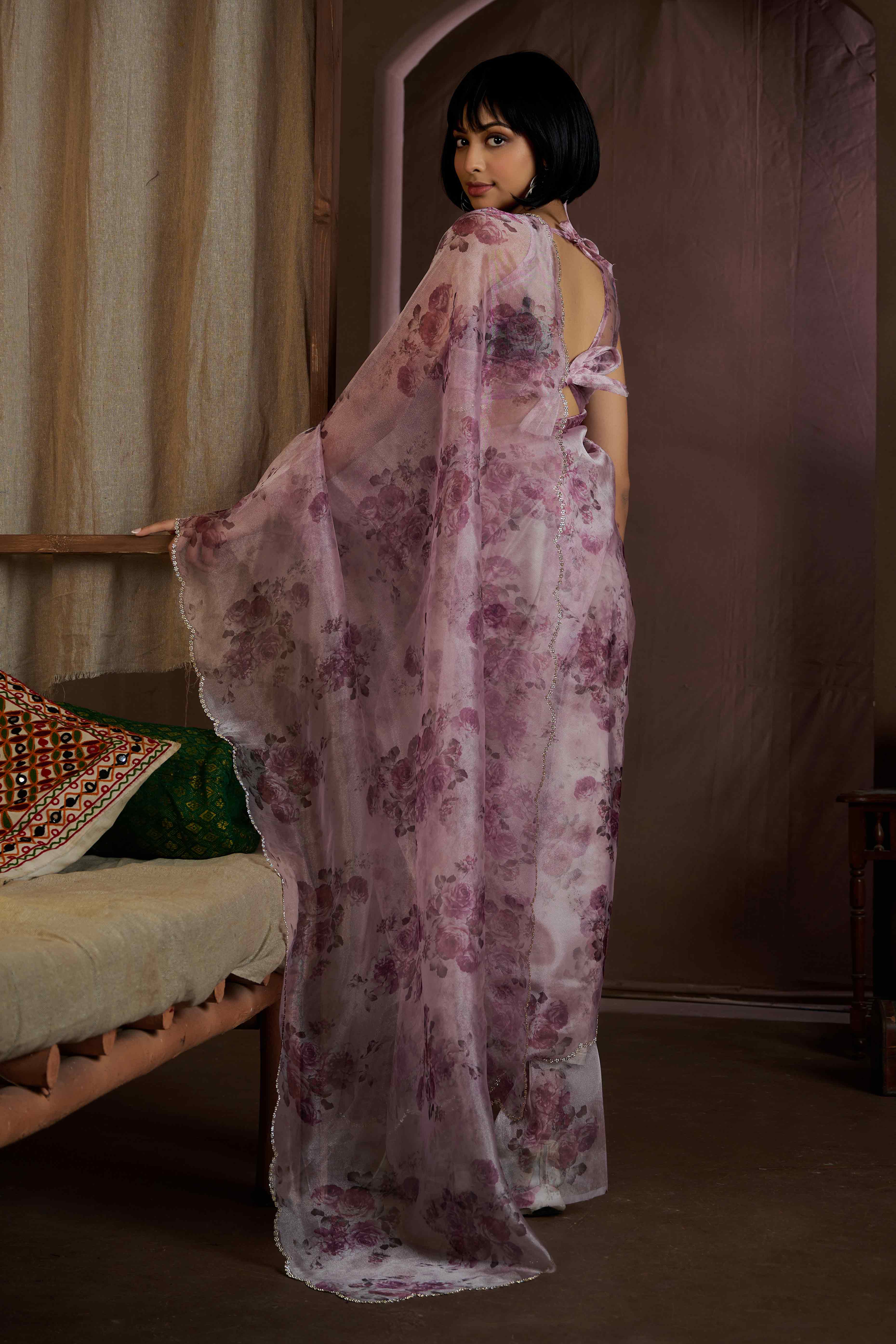 Pink Floral Printed Soft Organza Saree With Stone Work Border
