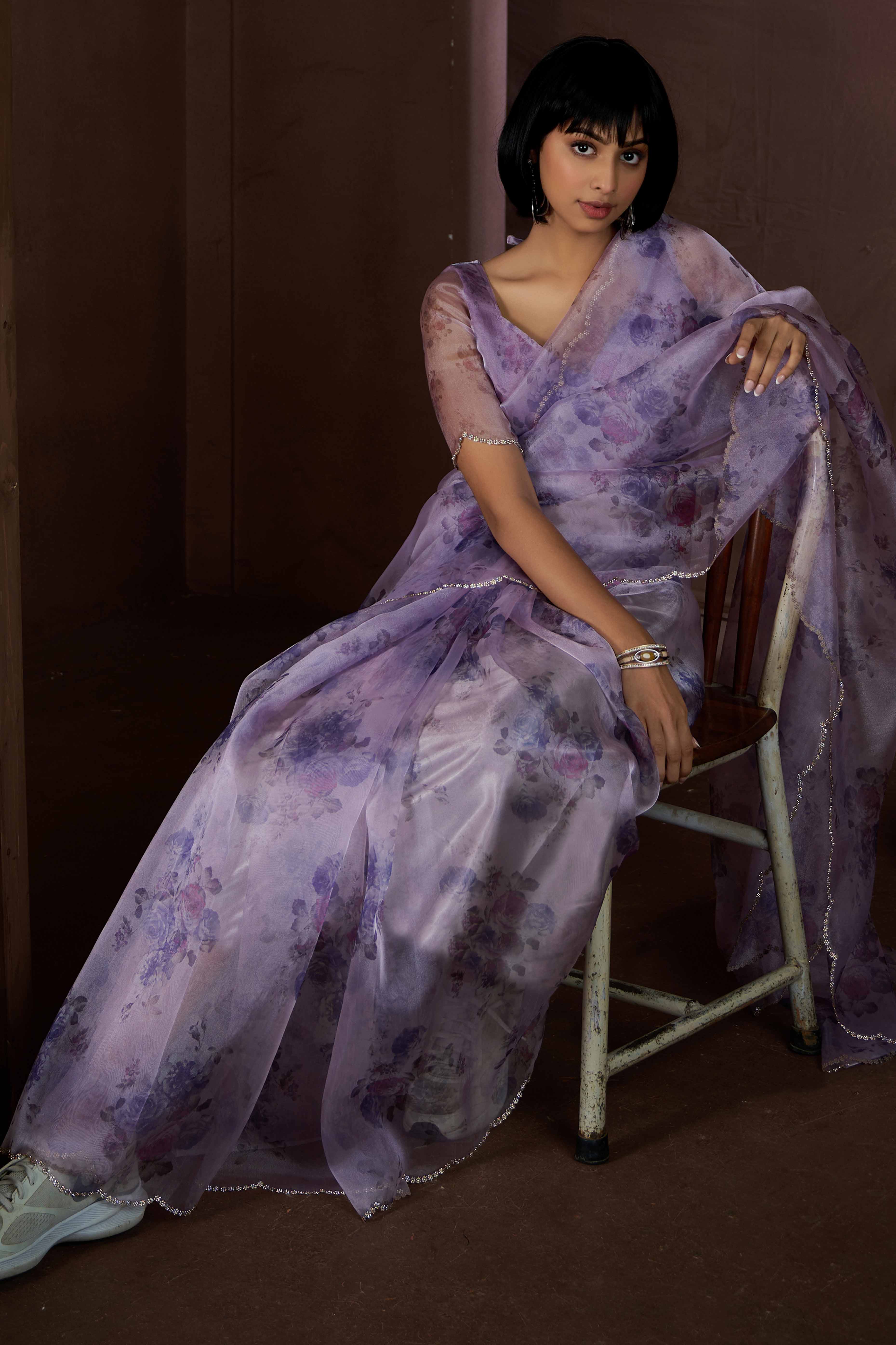 Purple Floral Printed Soft Organza Saree With Stone Work Border