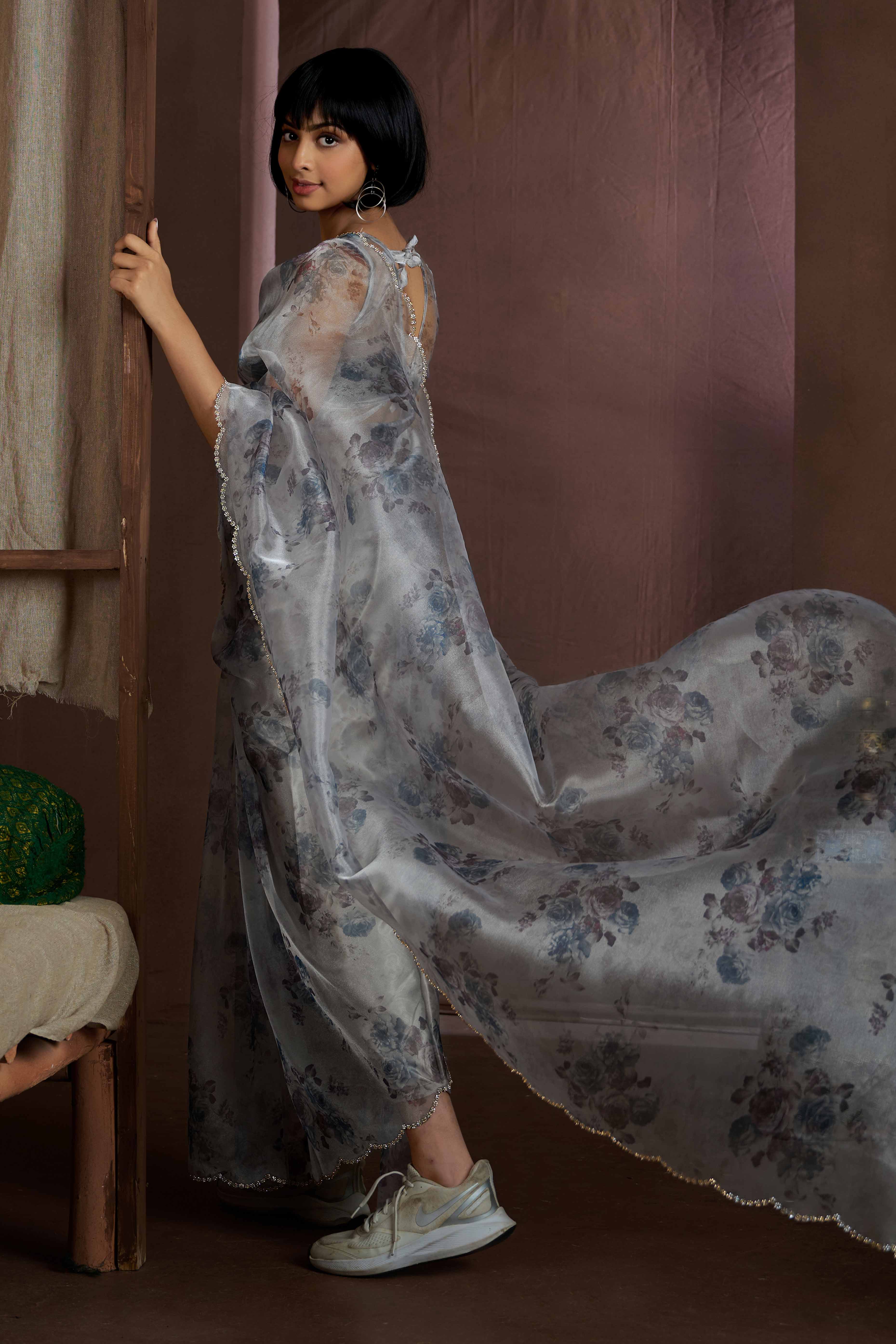 Grey Floral Printed Soft Organza Saree With Stone Work Border