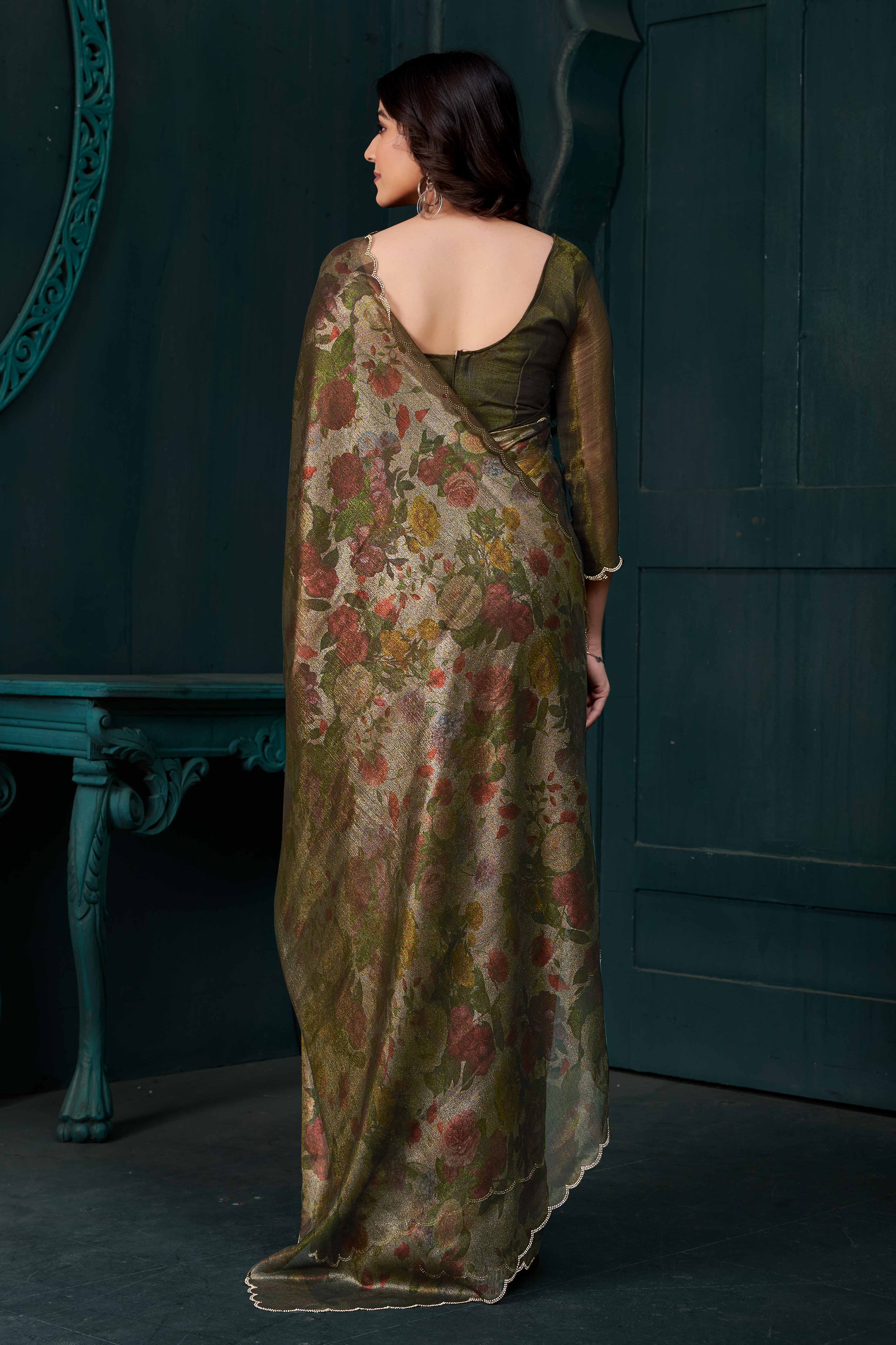 Olive Partywear Saree in Smooth Chiffon Silk with Contemporary Floral Prints