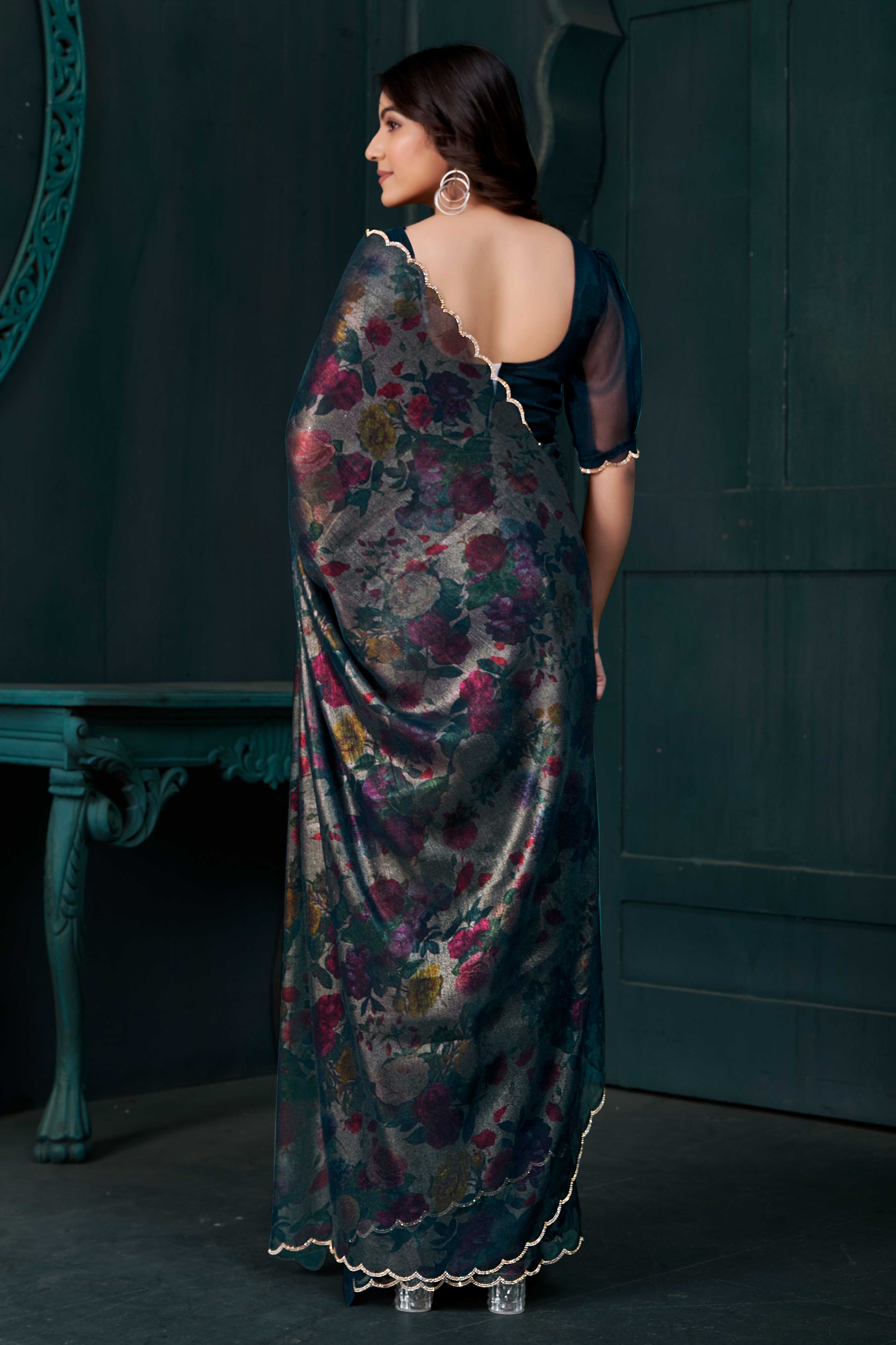 Teal Partywear Saree in Smooth Chiffon Silk with Contemporary Floral Prints