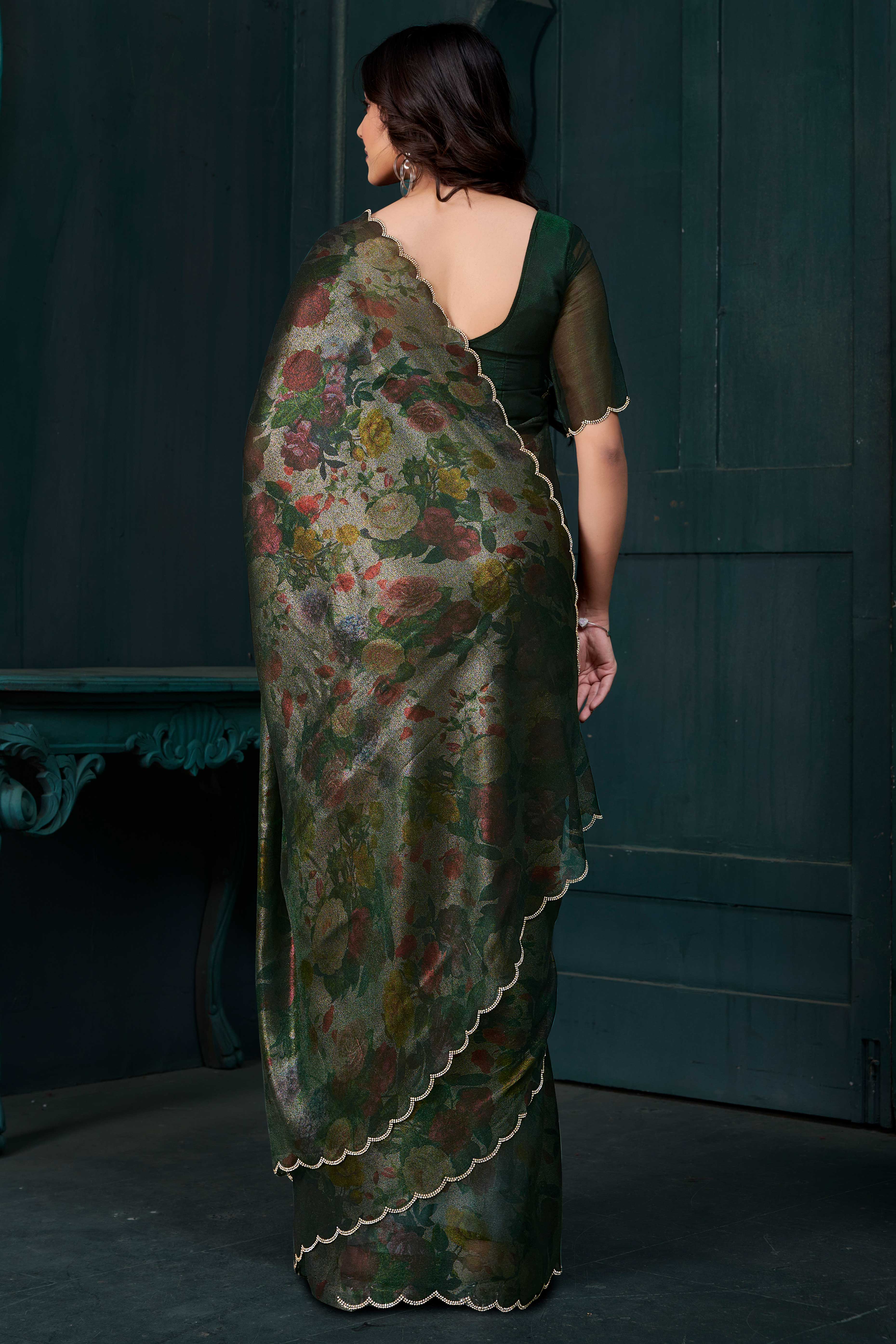 Bottle Green Partywear Saree in Smooth Chiffon Silk with Contemporary Floral Prints