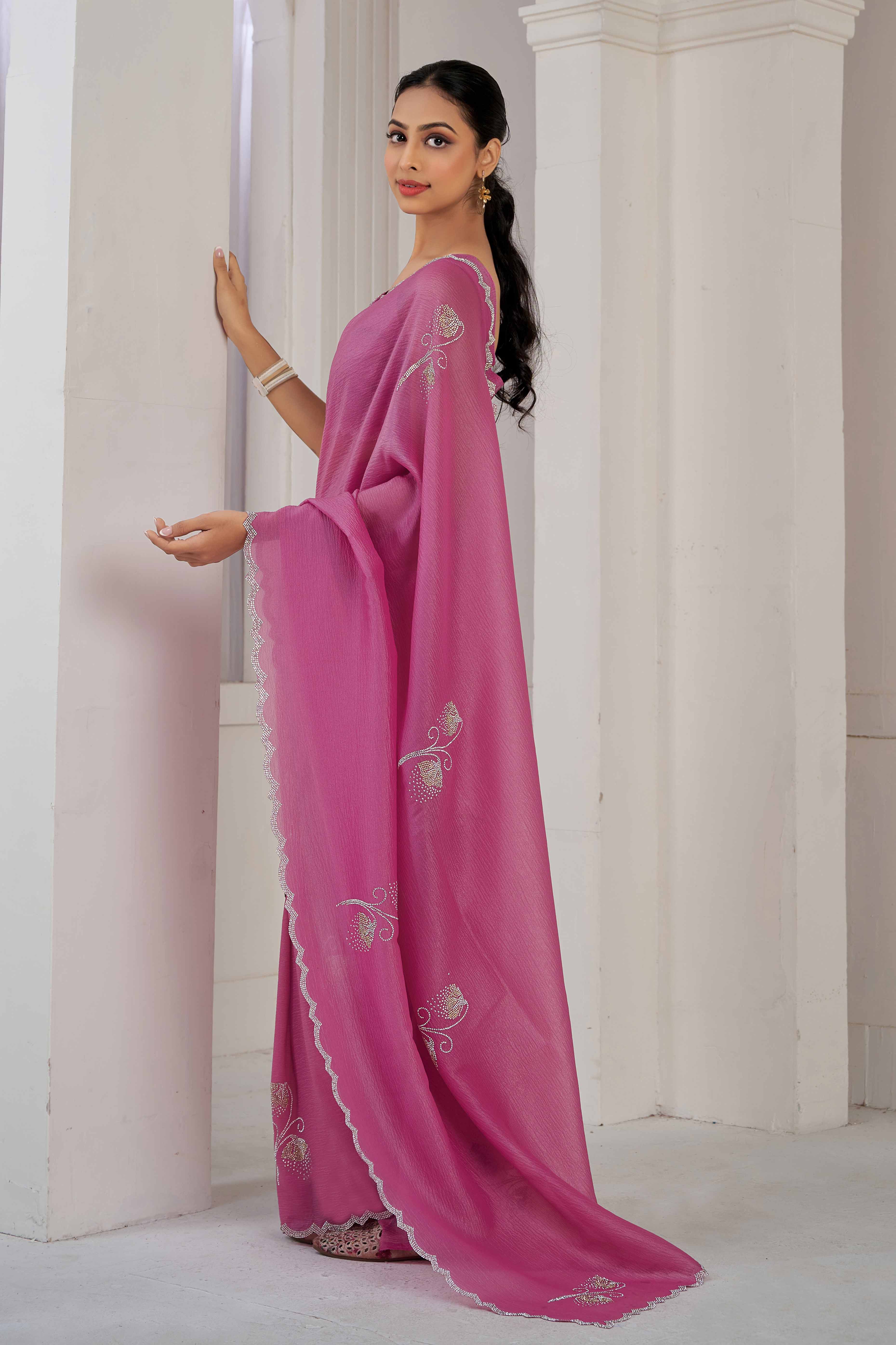 Pink Stone Work Embroidered Crepe Silk Saree