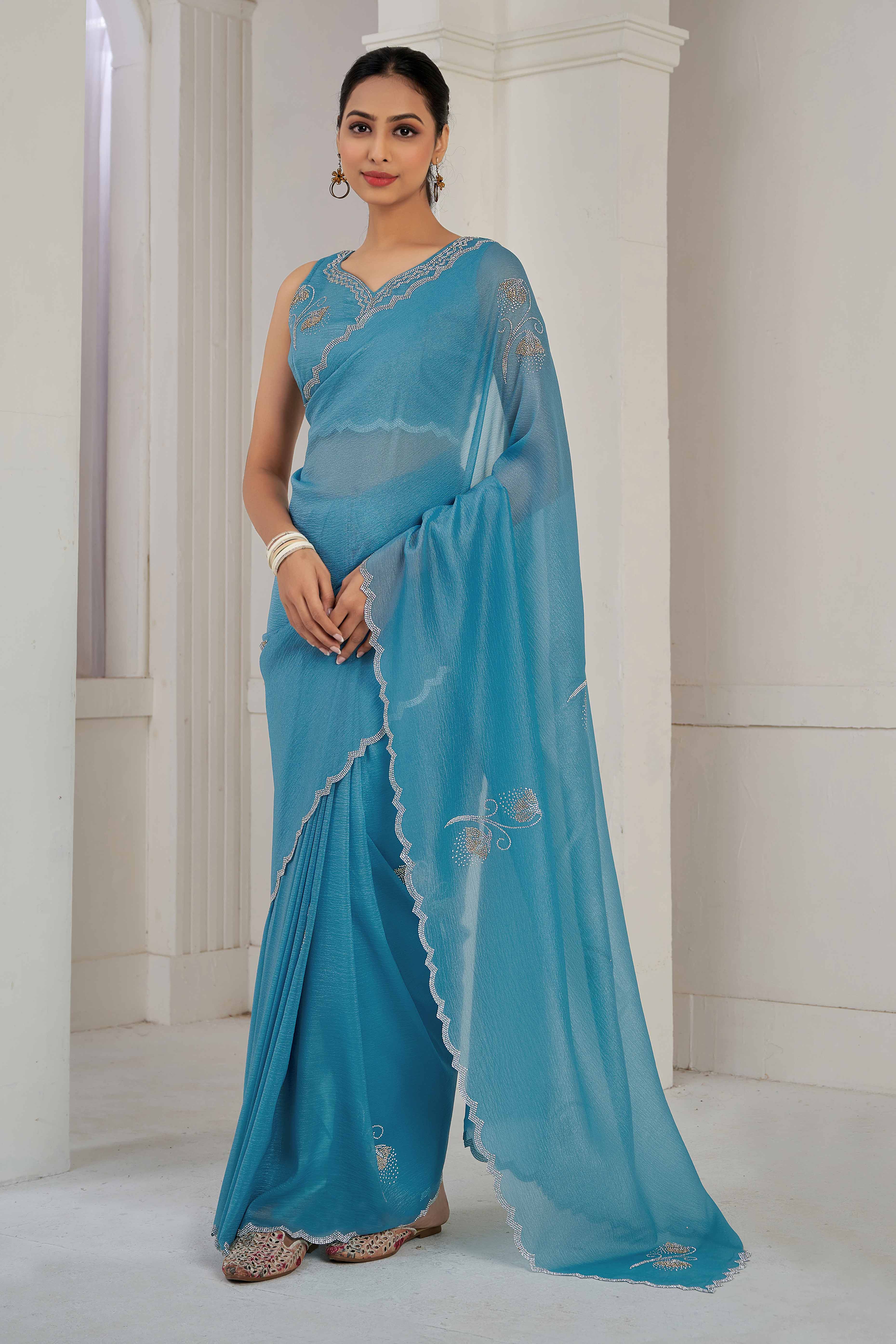 Sky Blue Stone Work Embroidered Crepe Silk Saree