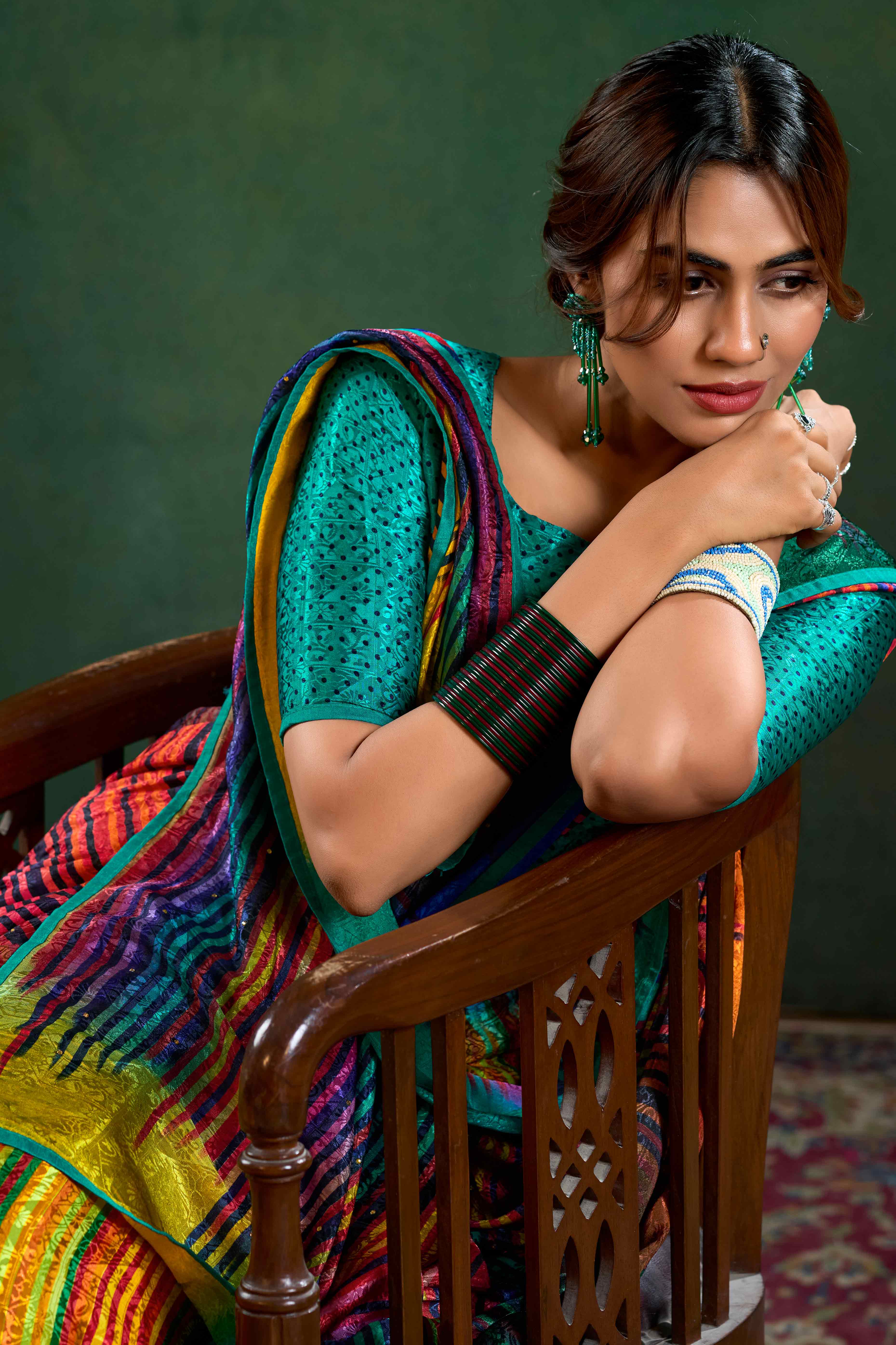 Multicolor Crepe Jacquard Saree with Vibrant Prints & Stone Work