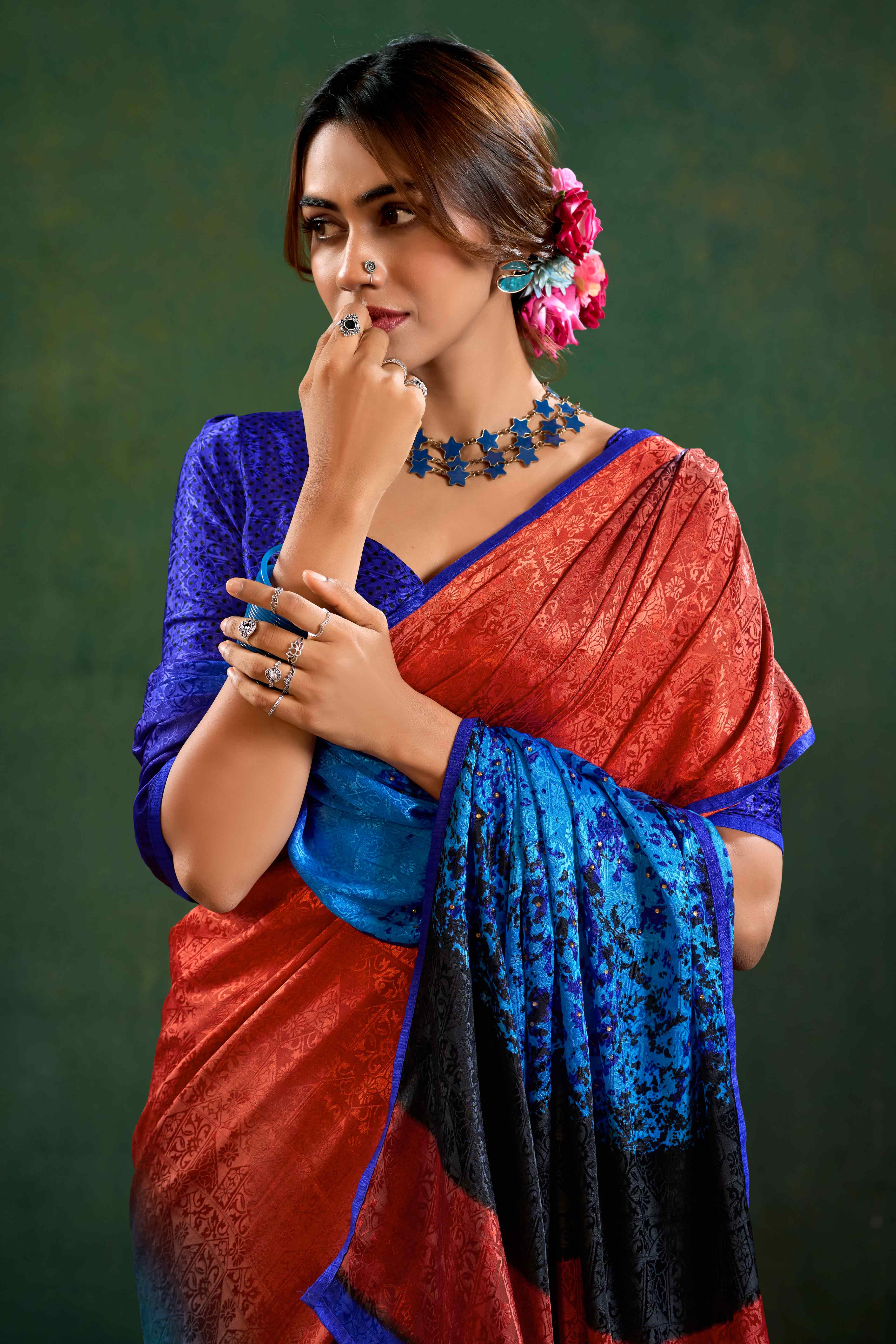 Blue Crepe Jacquard Saree with Vibrant Prints & Stone Work