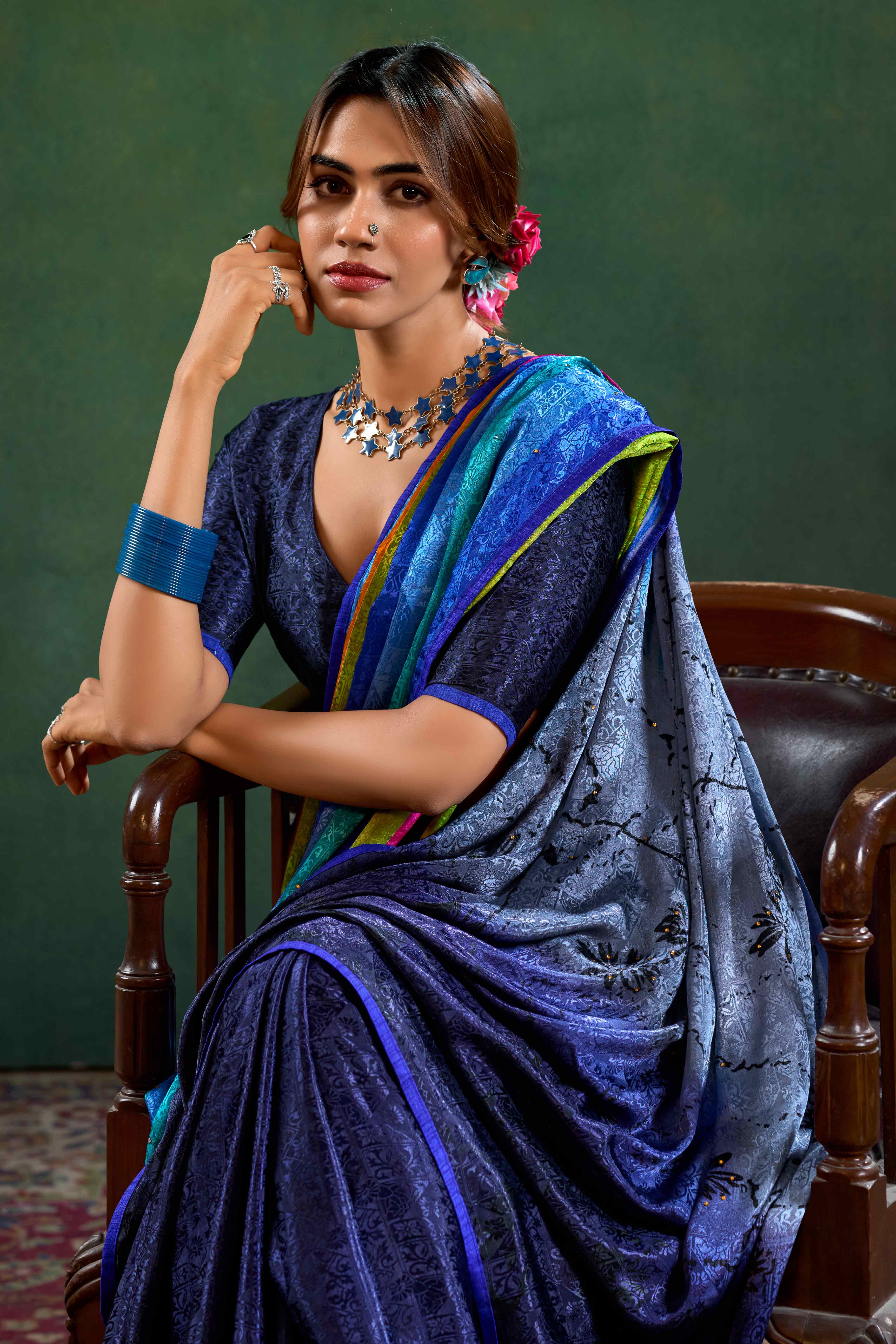 Blue Crepe Jacquard Saree with Vibrant Prints & Stone Work