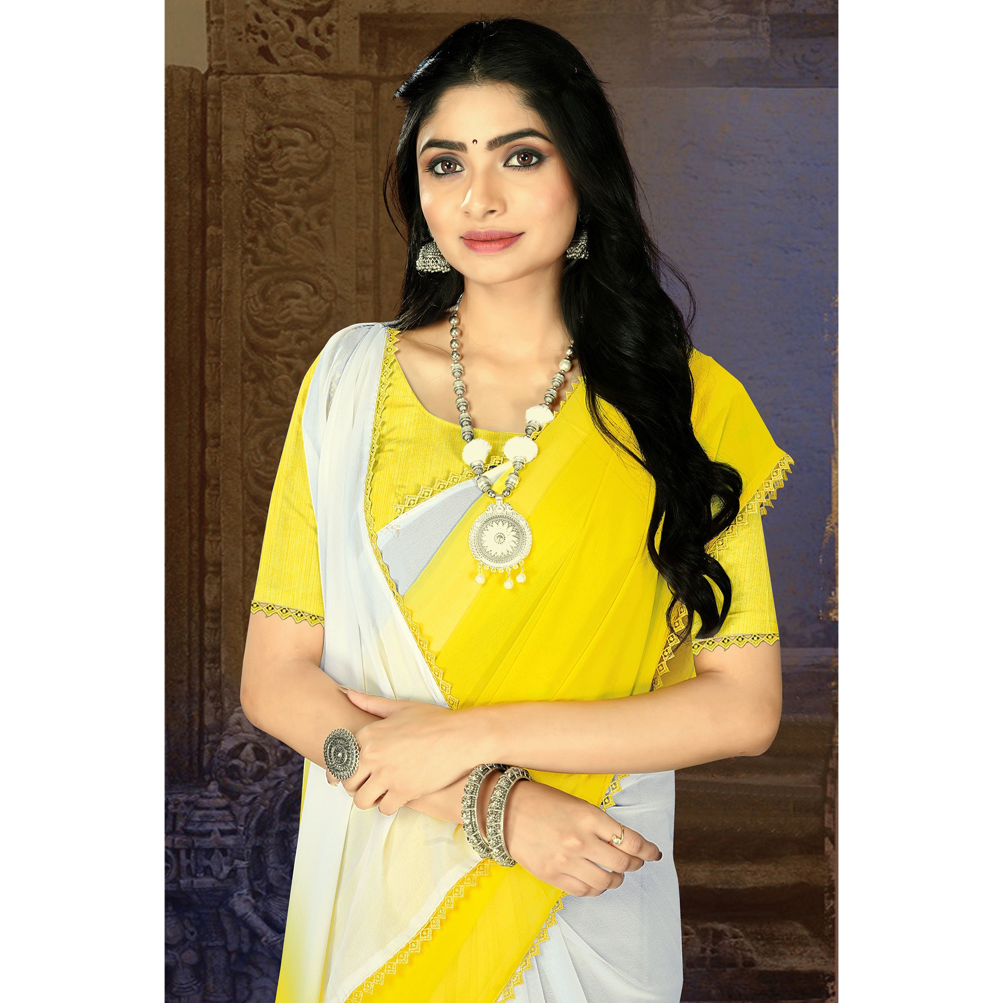Yellow Solid Ombre Georgette Saree