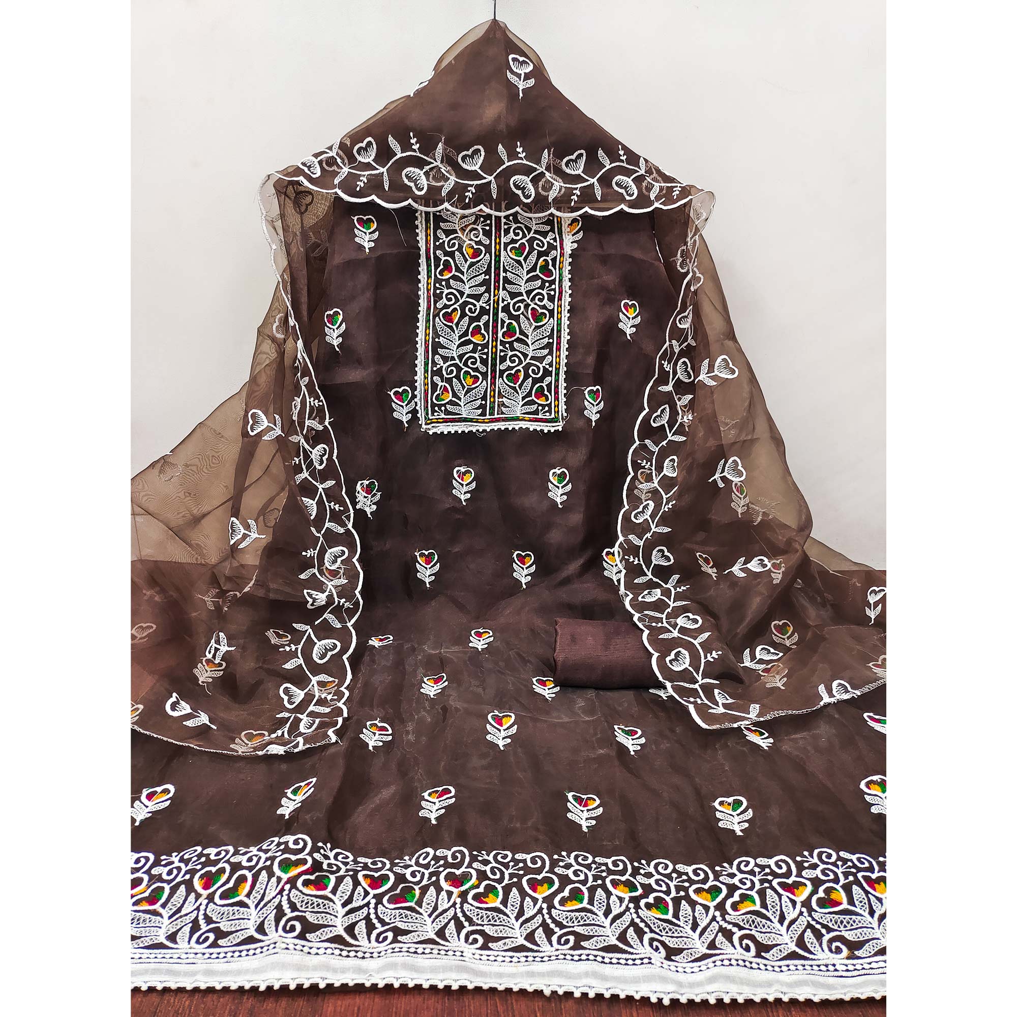 Brown Organza Dress Material With Intricate Floral Embroidery Work