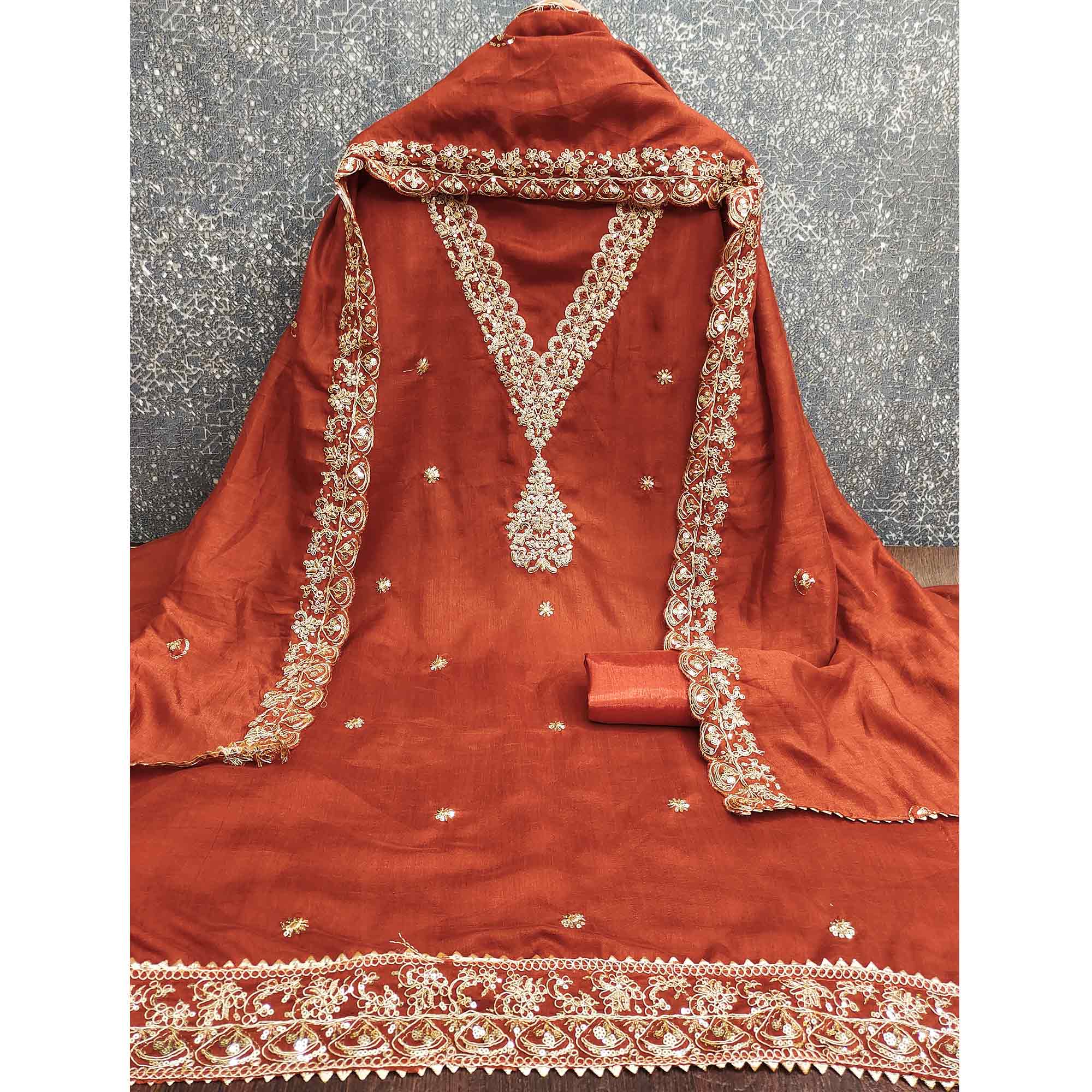 Rust Vichitra Silk Dress Material Adorned With Floral Cording Embroidery & Sparkling Sequins Work