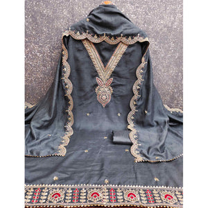 Grey Floral Embroidered Vichitra Silk Dress Material Enhanced With Detailed Cording & Sequins Work
