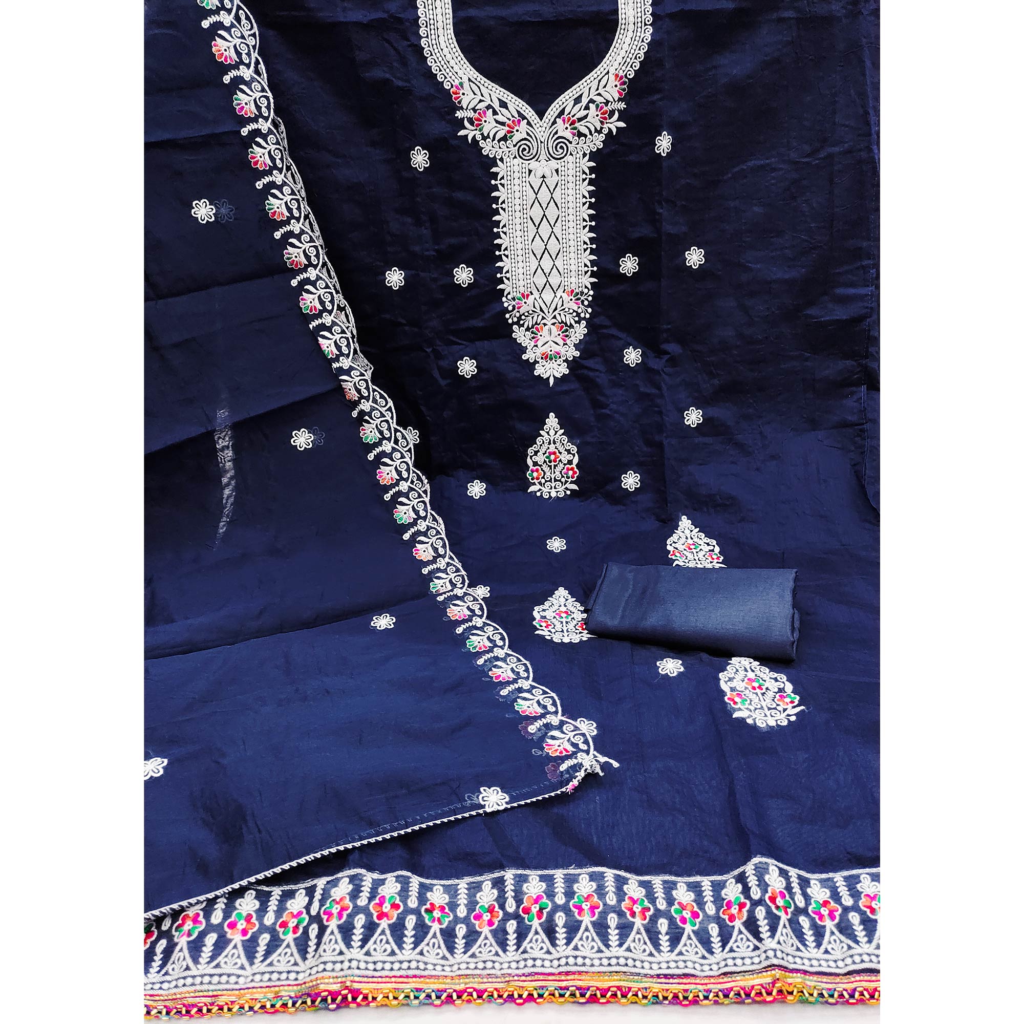 Navy Blue Cambric Cotton Dress Material With Elegant Floral Embroidery Work
