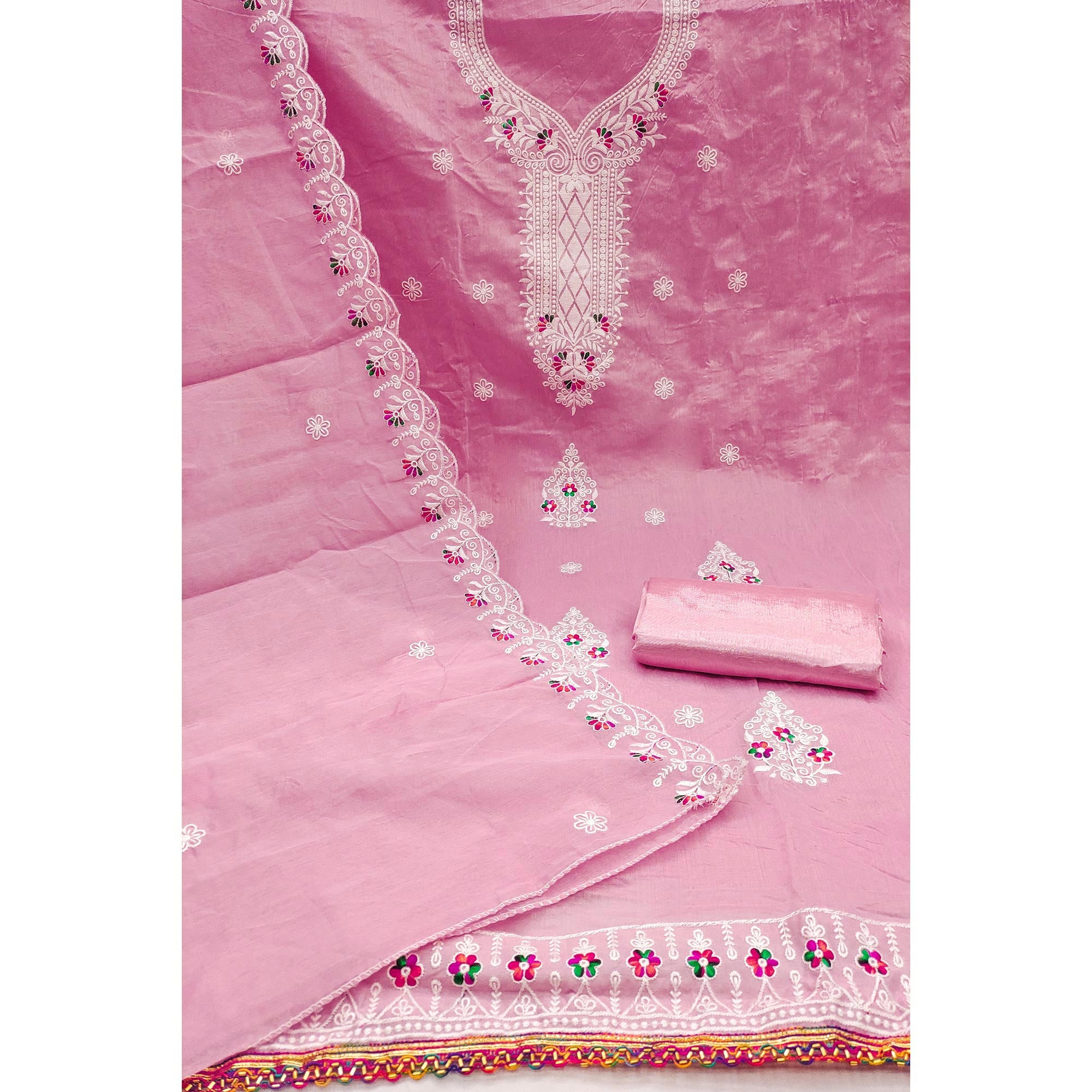 Pink Cambric Cotton Dress Material With Elegant Floral Embroidery Work