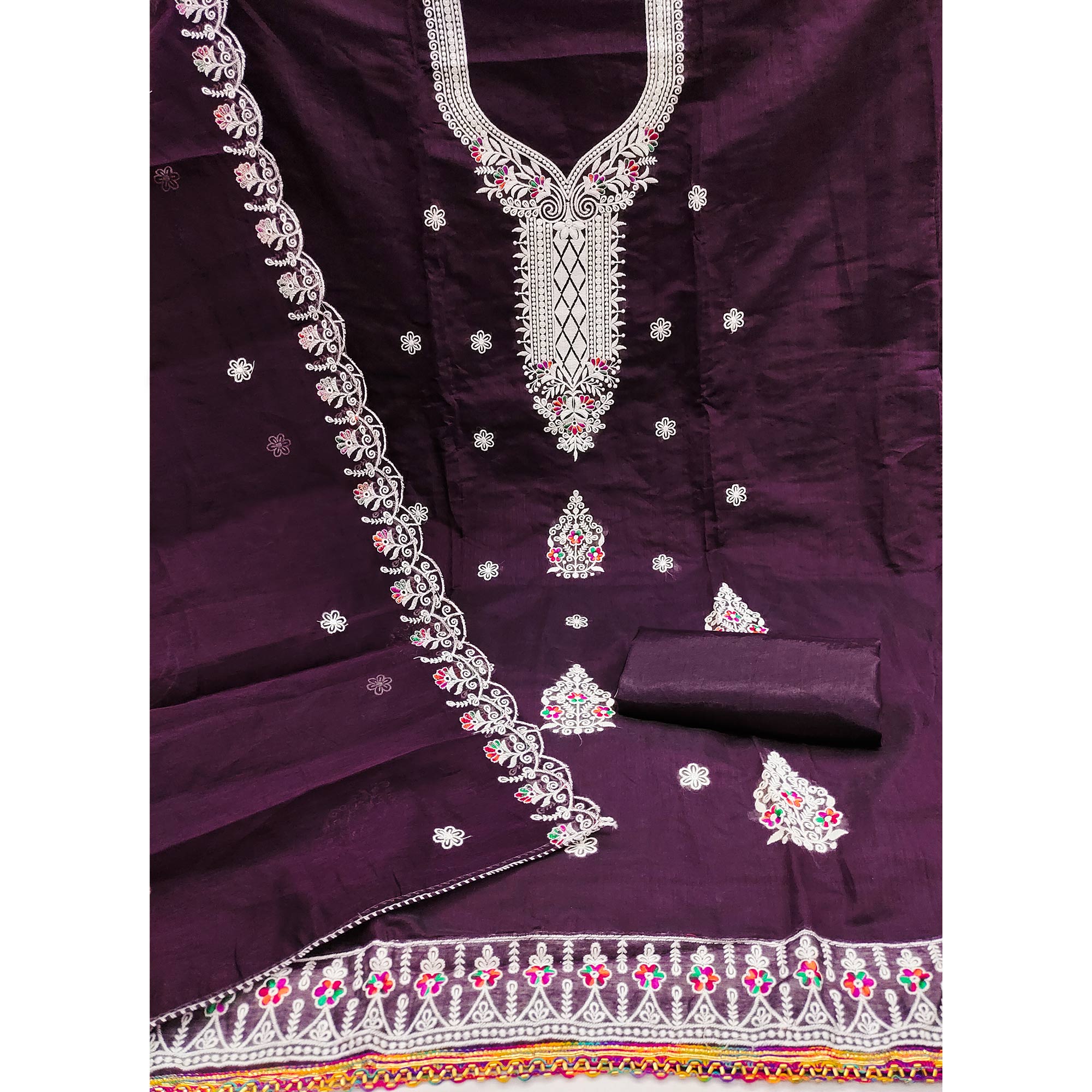 Wine Cambric Cotton Dress Material With Elegant Floral Embroidery Work