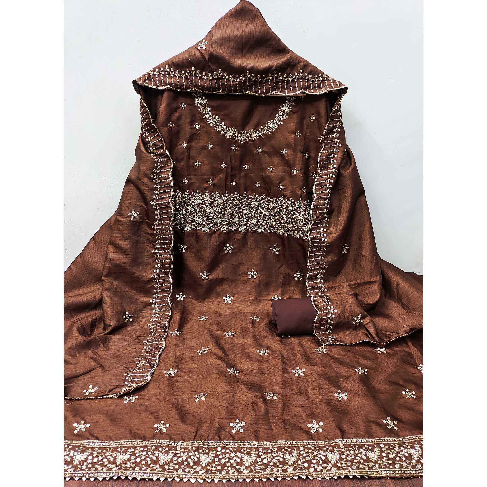 Brown Cotton Silk Dress Material with Traditional Jalpari Embroidery