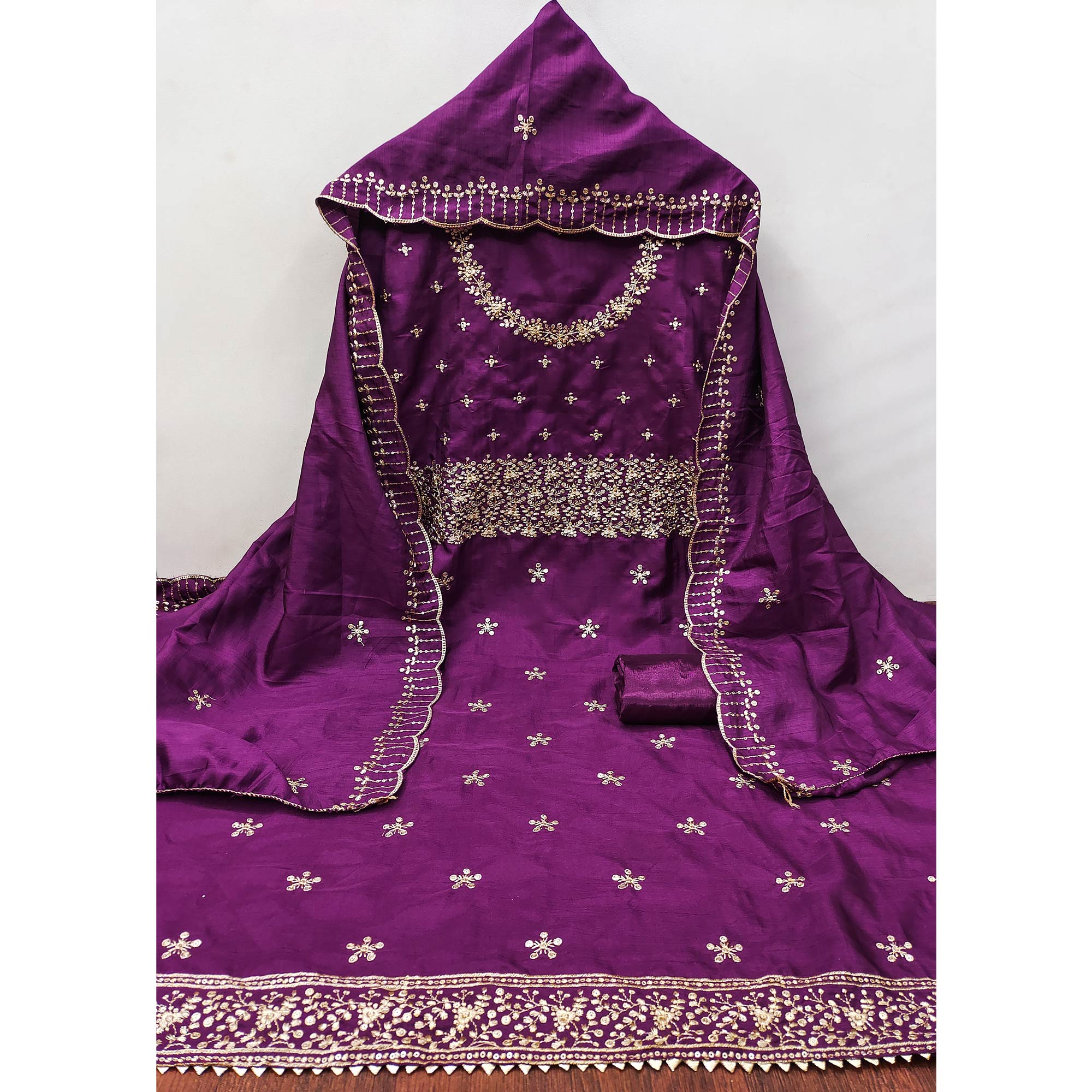 Purple Cotton Silk Dress Material with Traditional Jalpari Embroidery