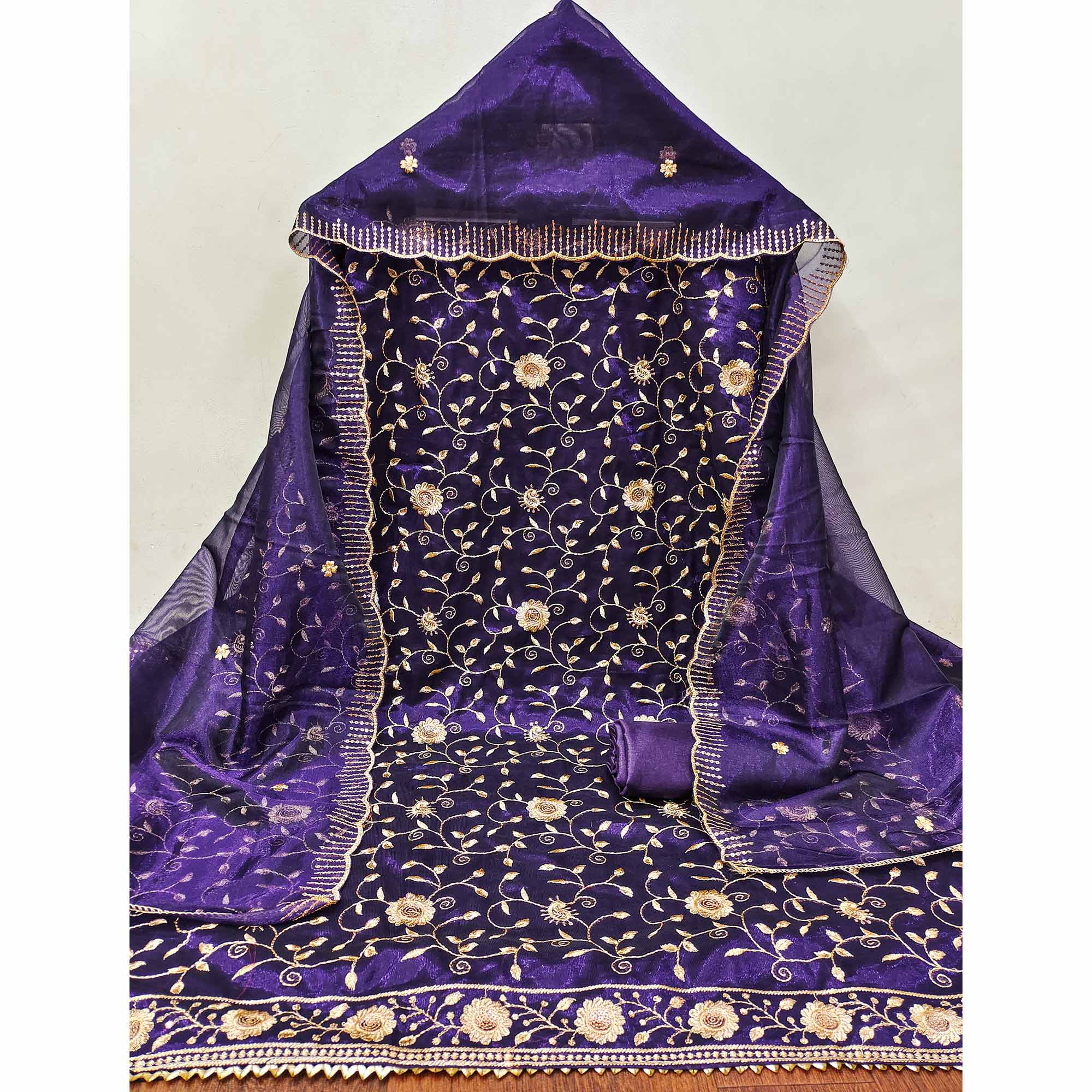 Royal Purple Unstitched Suit Material with Fine Floral Embroidery on Sheer Twill Net