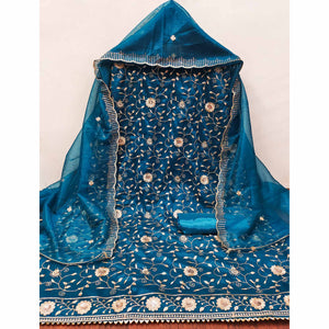 Teal Unstitched Suit Material with Fine Floral Embroidery on Sheer Twill Net