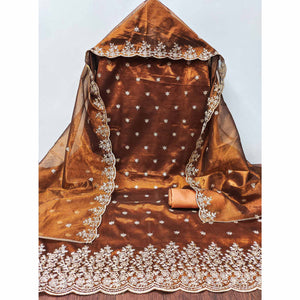 Brown Ethnic Twill Net Dress Material Embellished with Ornate Thread Embroidery