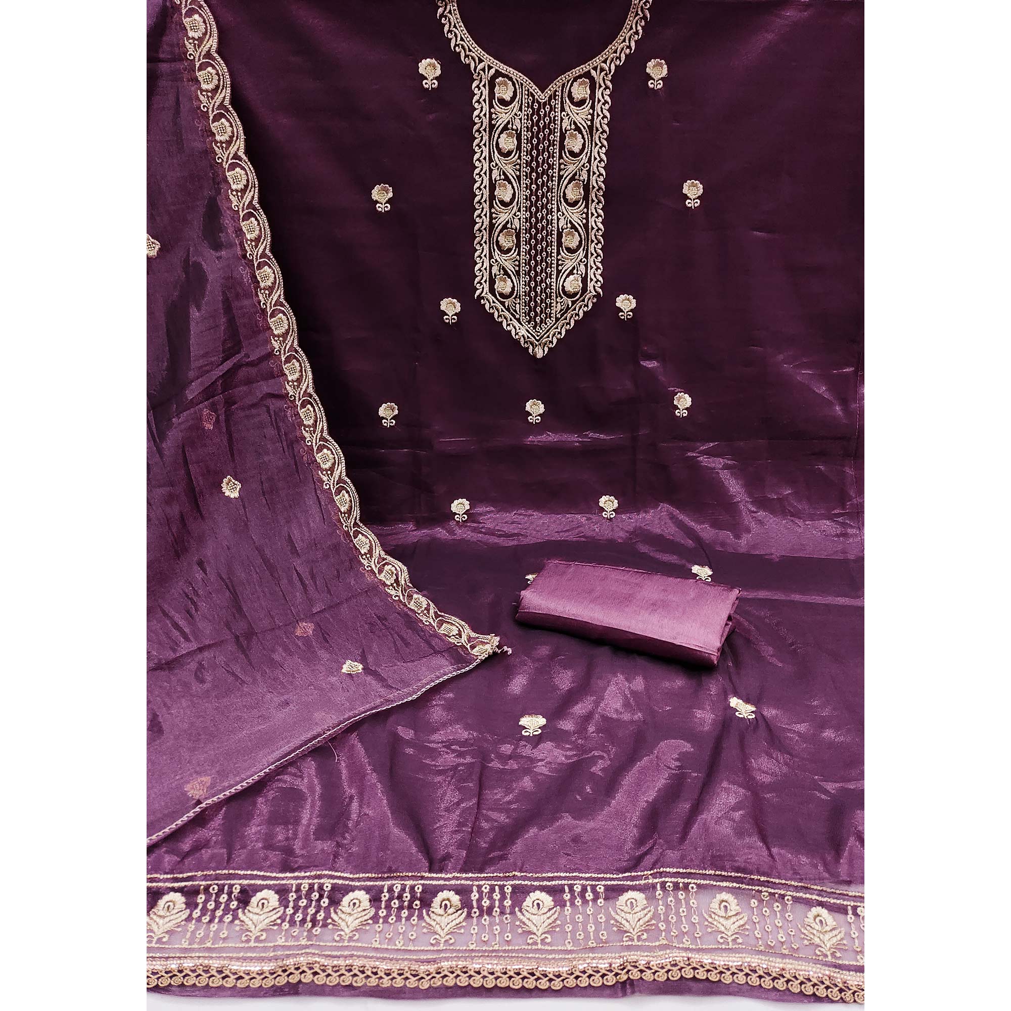 Wine Delight Floral Embroidered Twill Net Dress Material