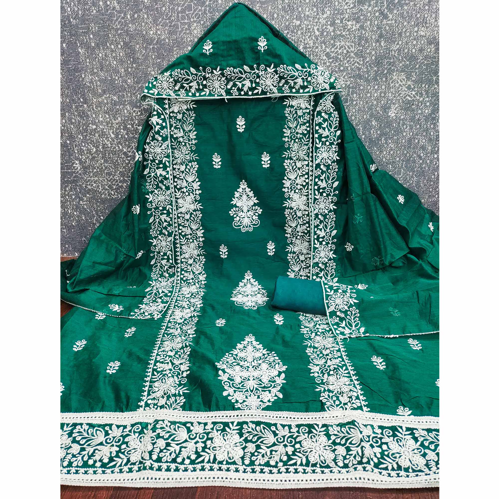 Green Chanderi Cotton Dress Material With Graceful Floral Thread Embroidery