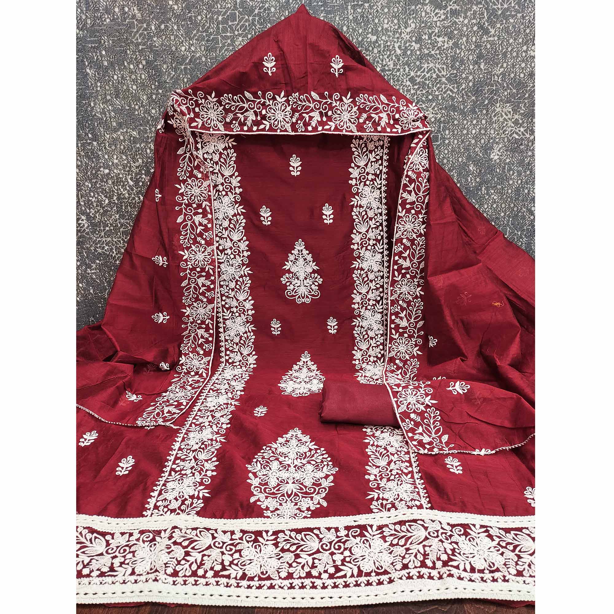Maroon Chanderi Cotton Dress Material With Graceful Floral Thread Embroidery