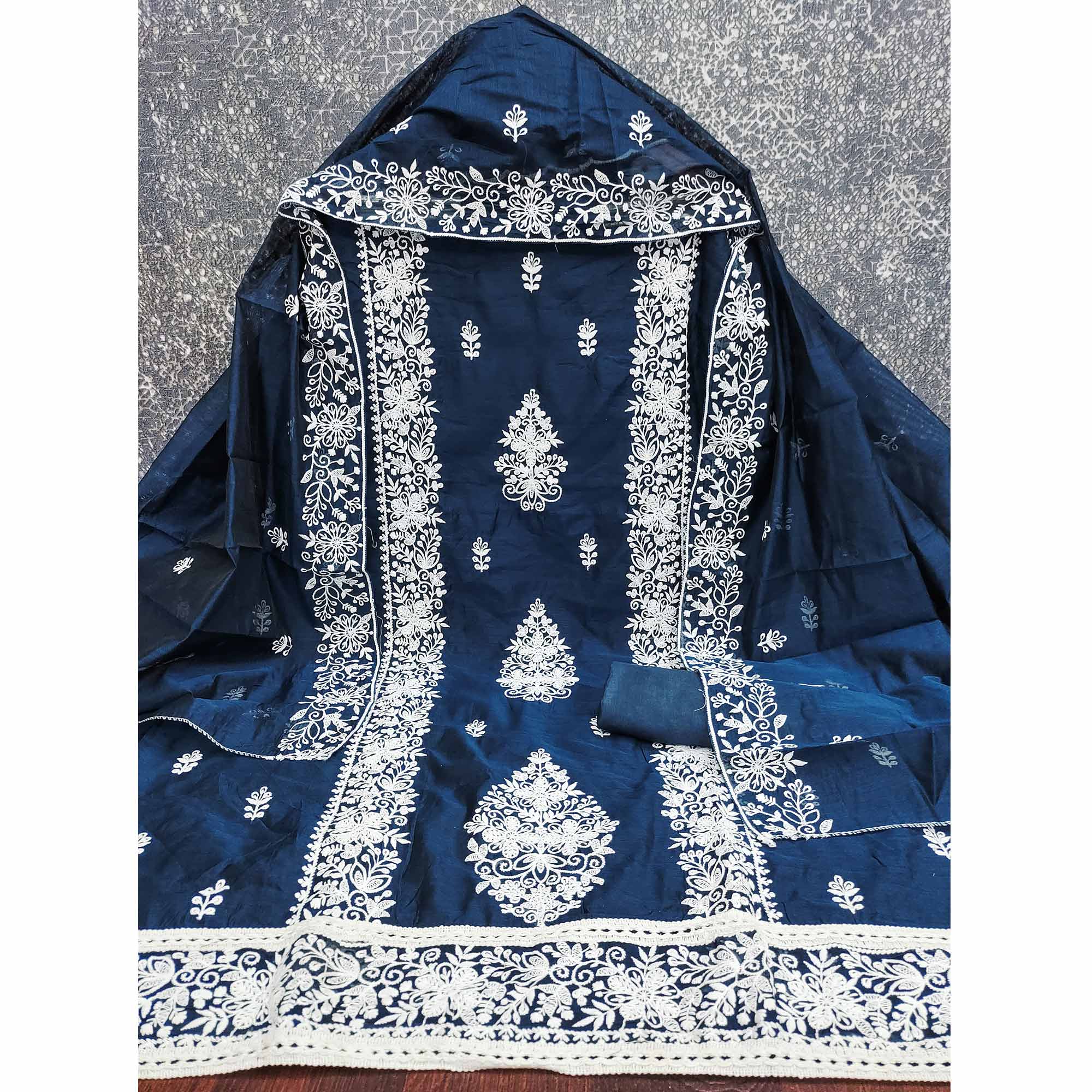 Navy Blue Chanderi Cotton Dress Material With Graceful Floral Thread Embroidery