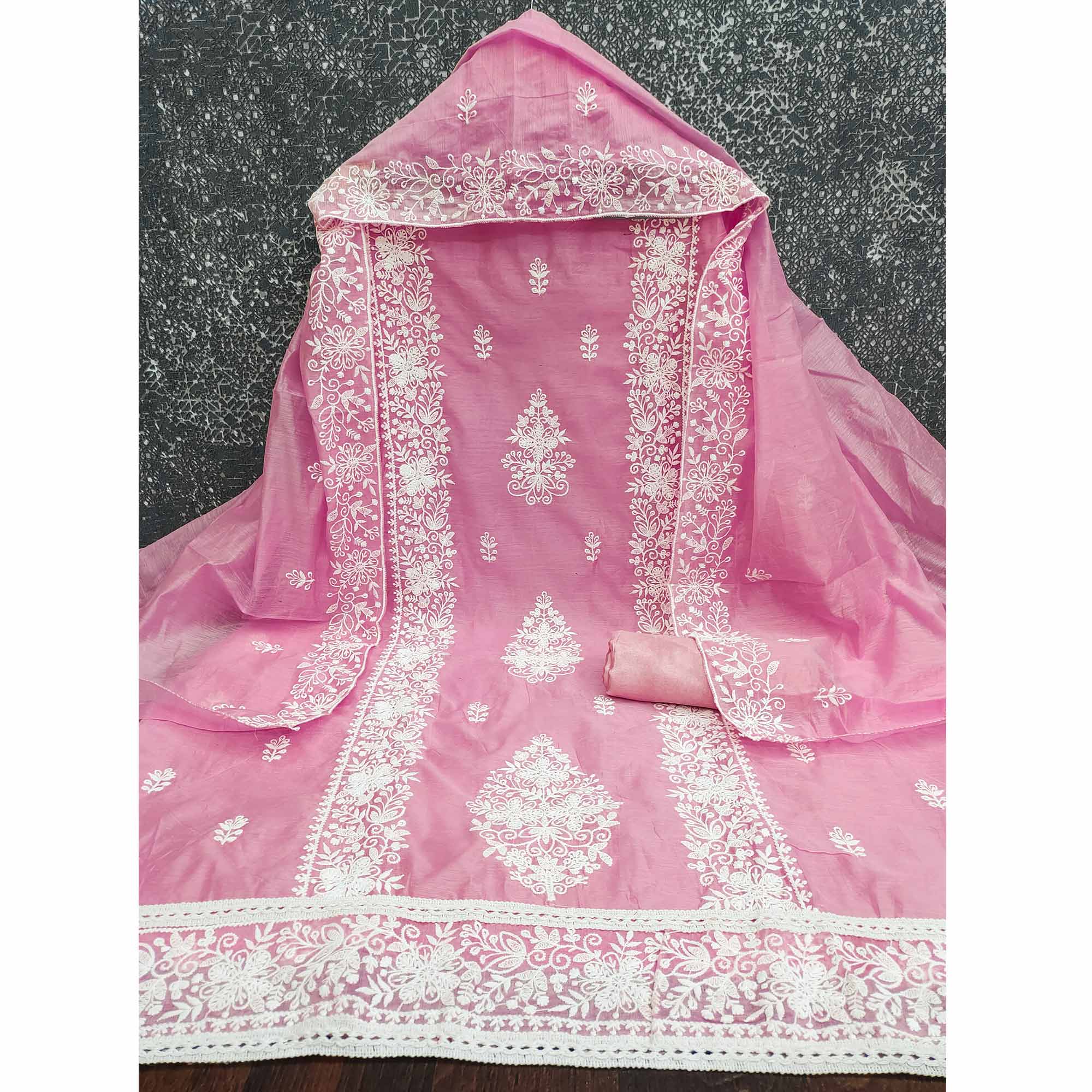 Pink Chanderi Cotton Dress Material With Graceful Floral Thread Embroidery