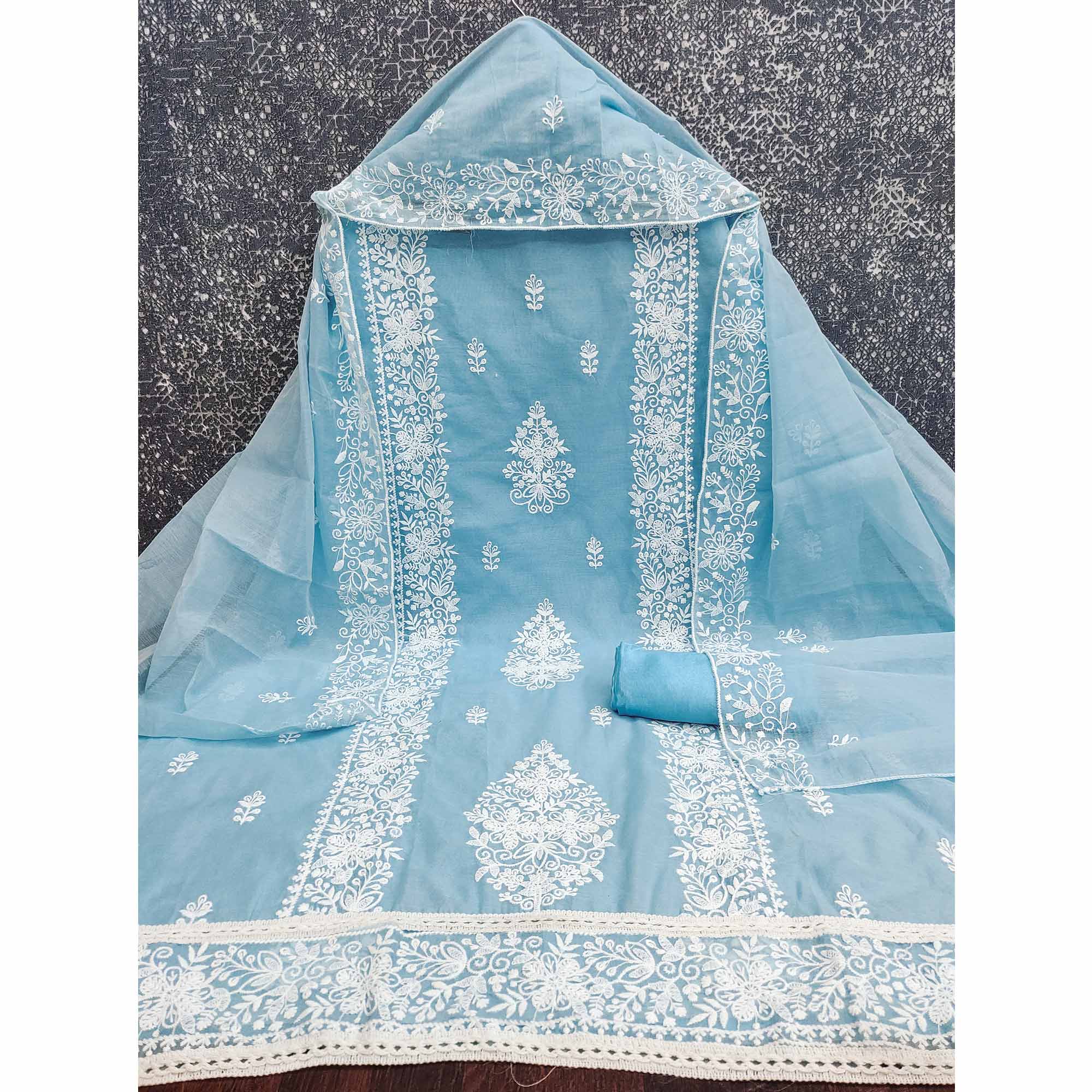 Sky Blue Chanderi Cotton Dress Material With Graceful Floral Thread Embroidery