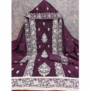 Wine Chanderi Cotton Dress Material With Graceful Floral Thread Embroidery
