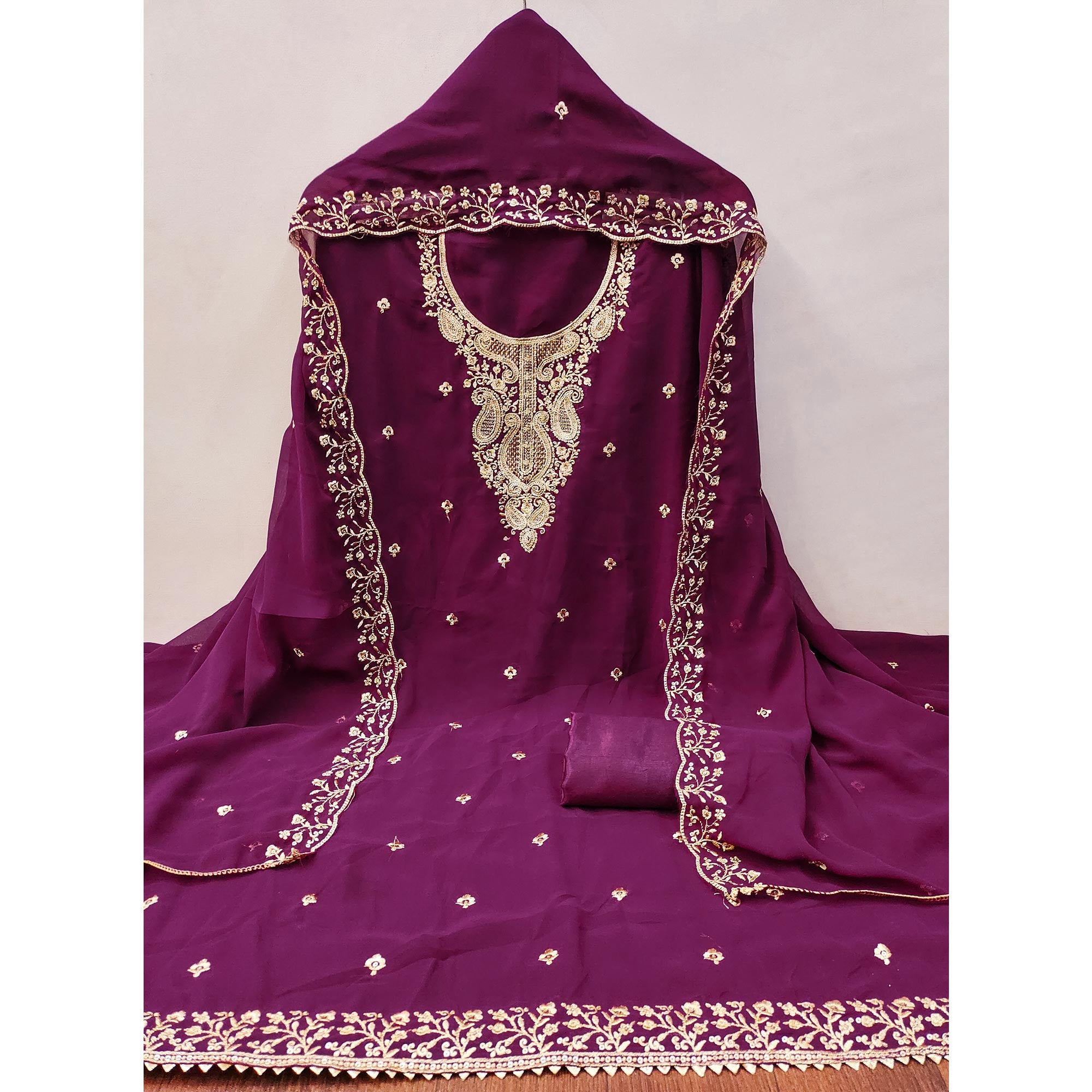 Wine Georgette Dress Material Accentuated With Delicate Floral Embroidery & Sequins Work