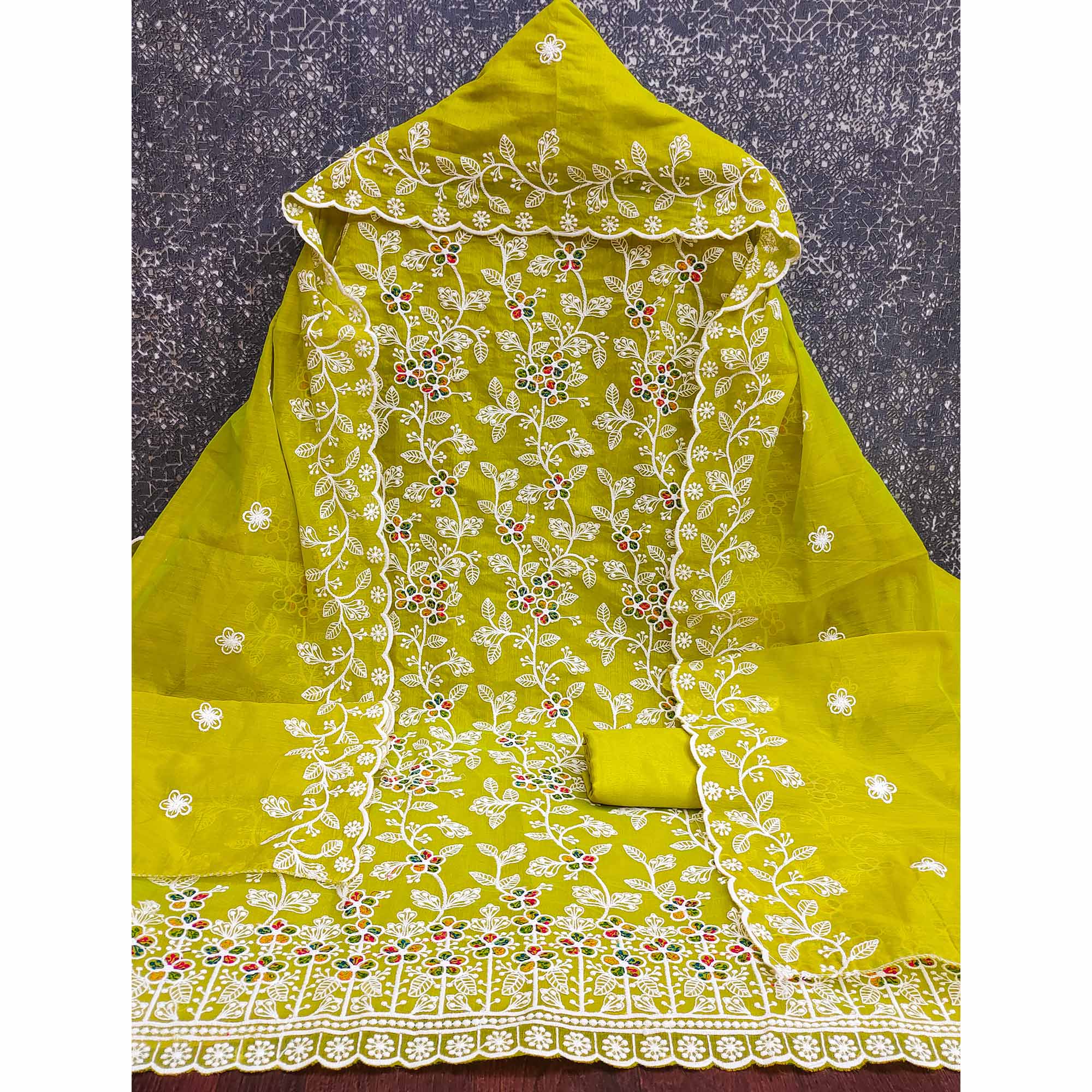 Parrot Green Chanderi Cotton Dress Material Adorned With Elegant Floral Thread Embroidery Work