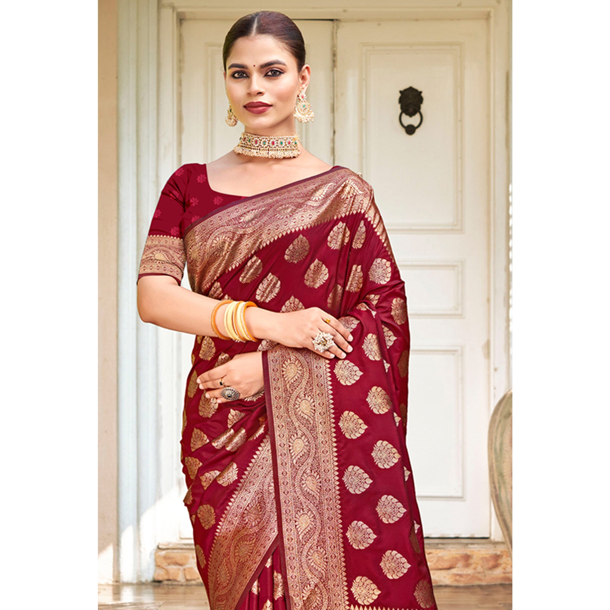 Red Floral Woven Banarasi Silk Saree
