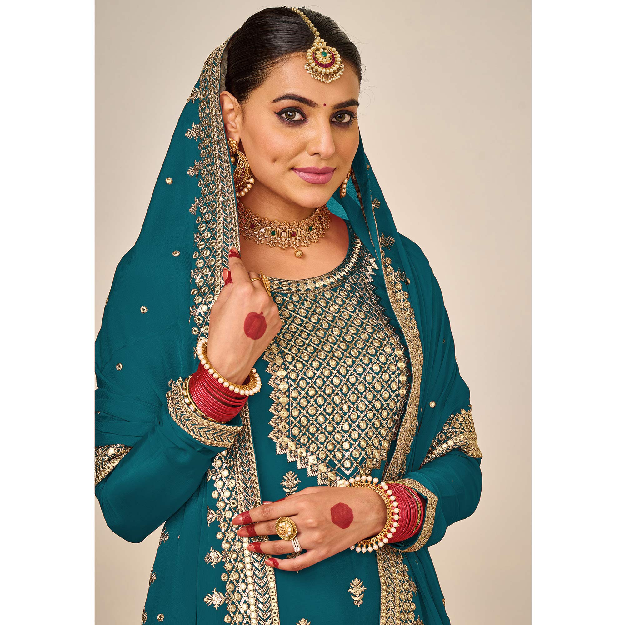 Teal Floral Embroidered Georgette Semi Stitched Dress Material