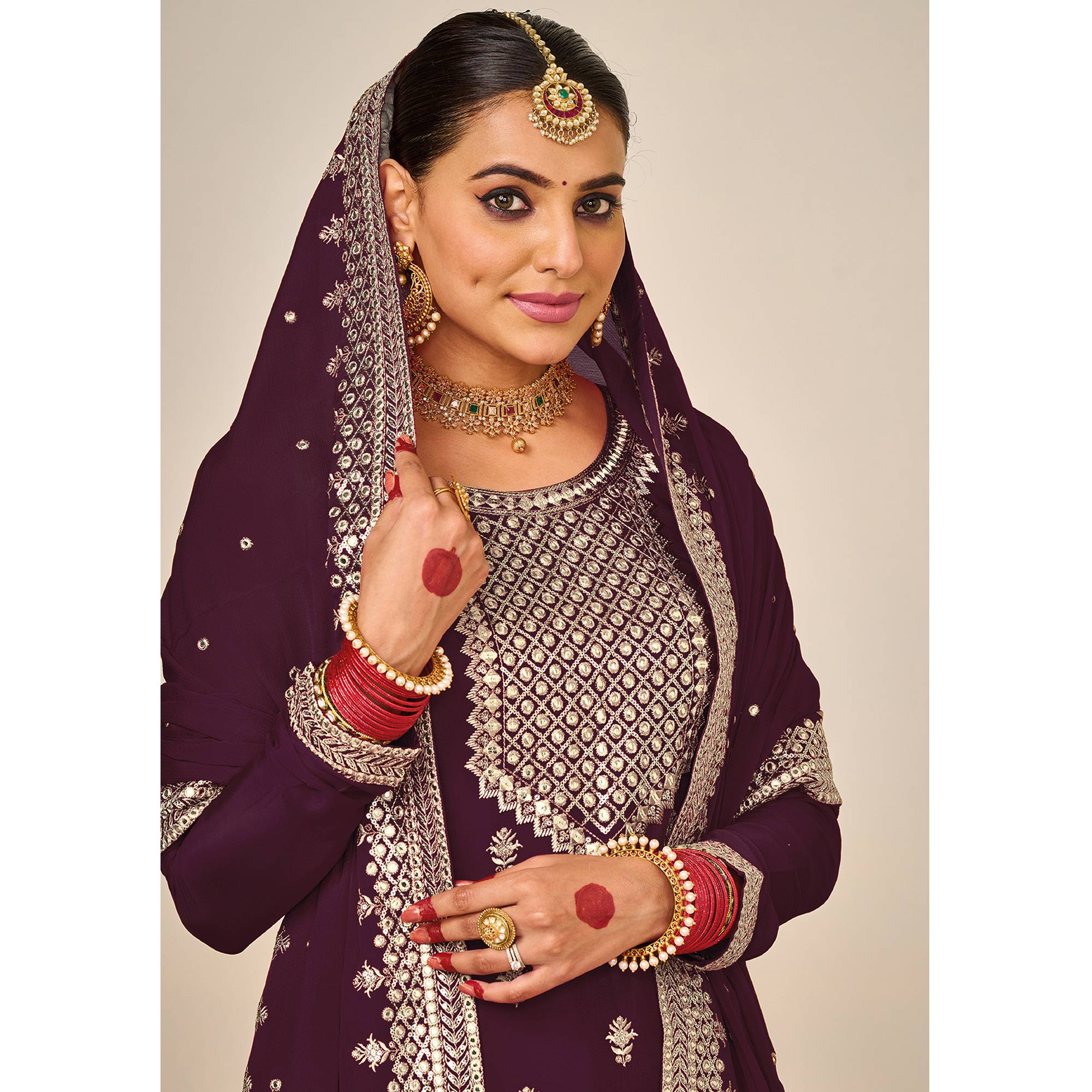 Wine Floral Embroidered Georgette Semi Stitched Dress Material