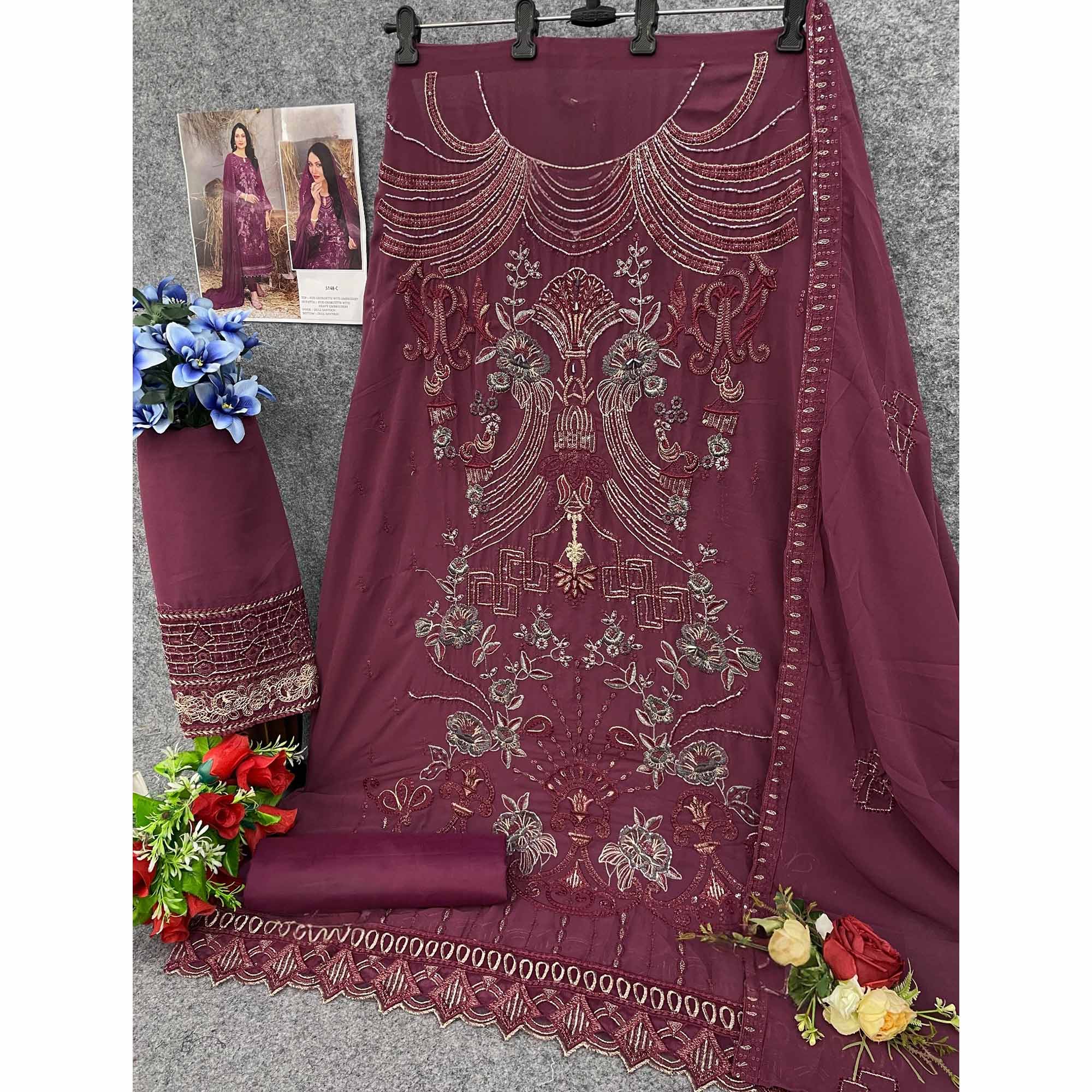 Wine Floral Embroidered Heavy Georgette Dress Material