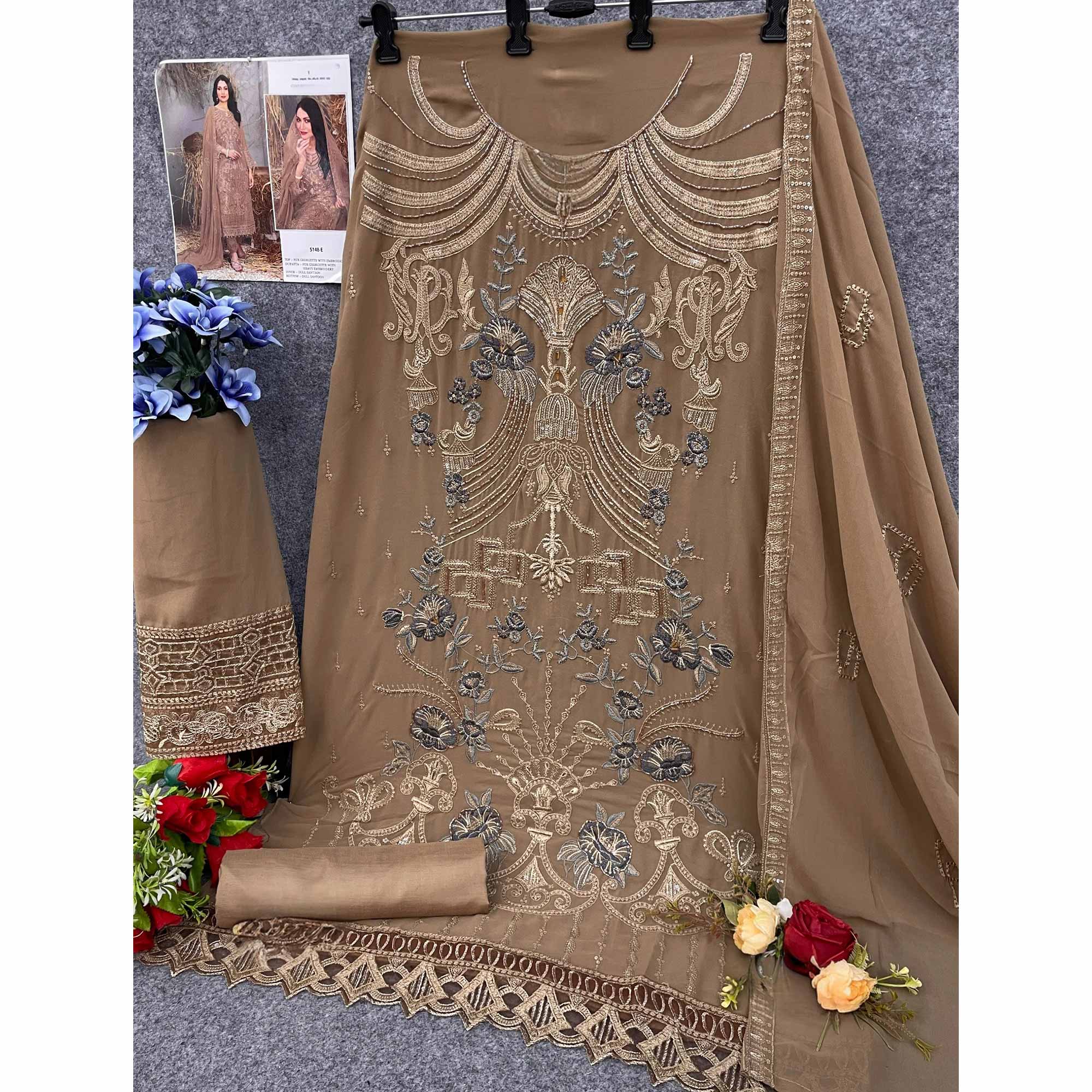 Brown Floral Embroidered Heavy Georgette Dress Material