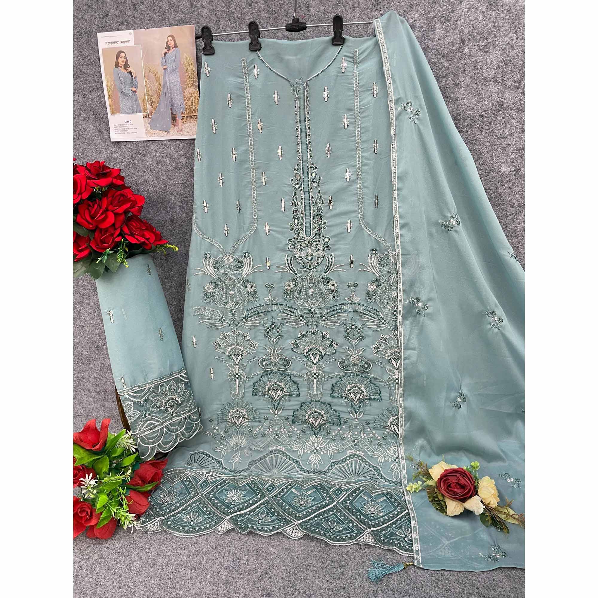 Sky Blue Floral Embroidered Heavy Georgette Dress Material