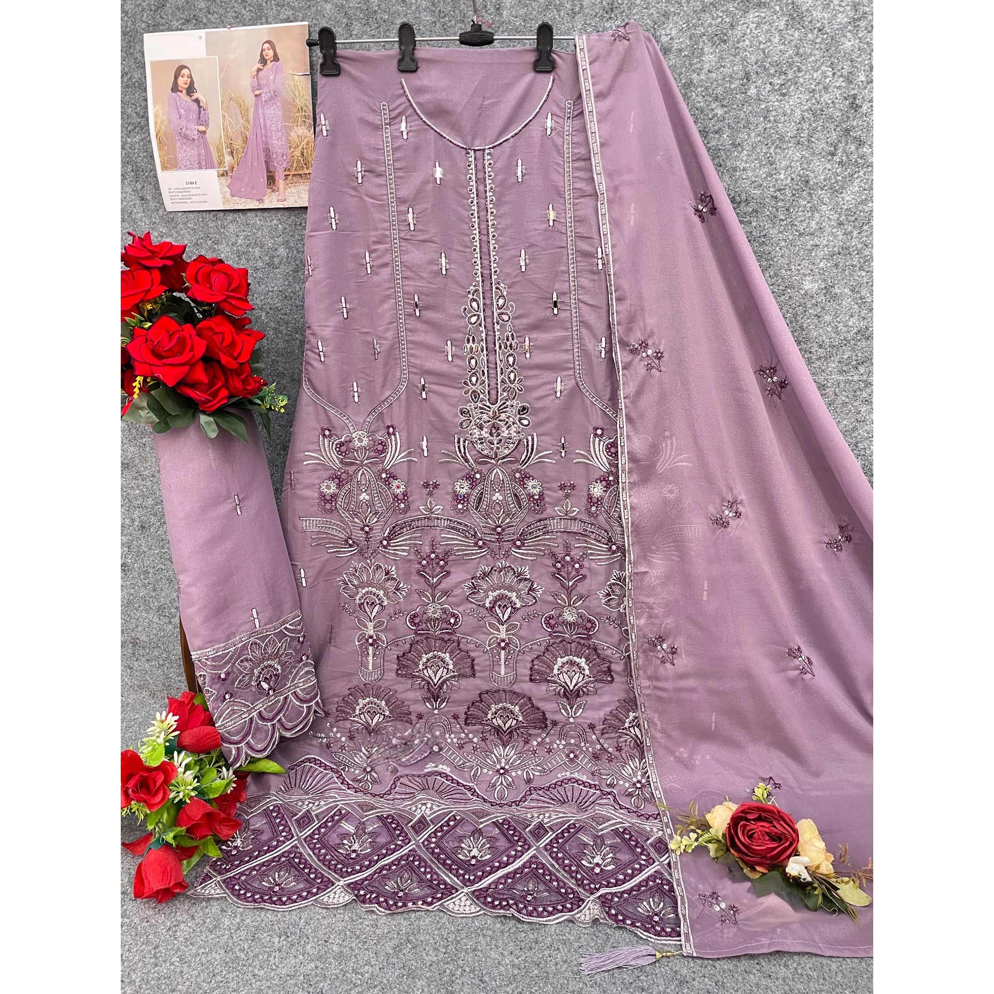 Purple Floral Embroidered Heavy Georgette Dress Material