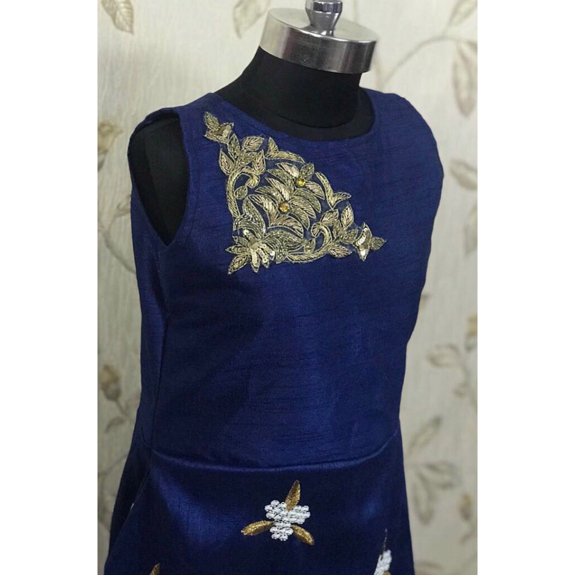 Navy Blue Handwork Bhagalpuri Silk Gown