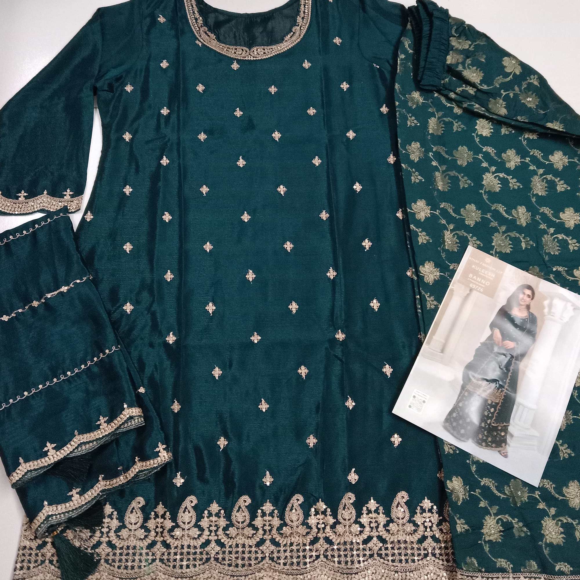 Dark Teal Floral Sequins Embroidered Chinon Palazzo Suit