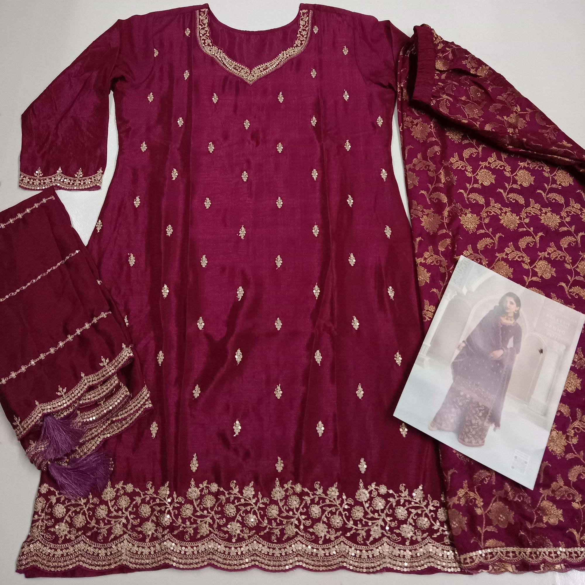 Dark Magenta Floral Sequins Embroidered Chinon Palazzo Suit