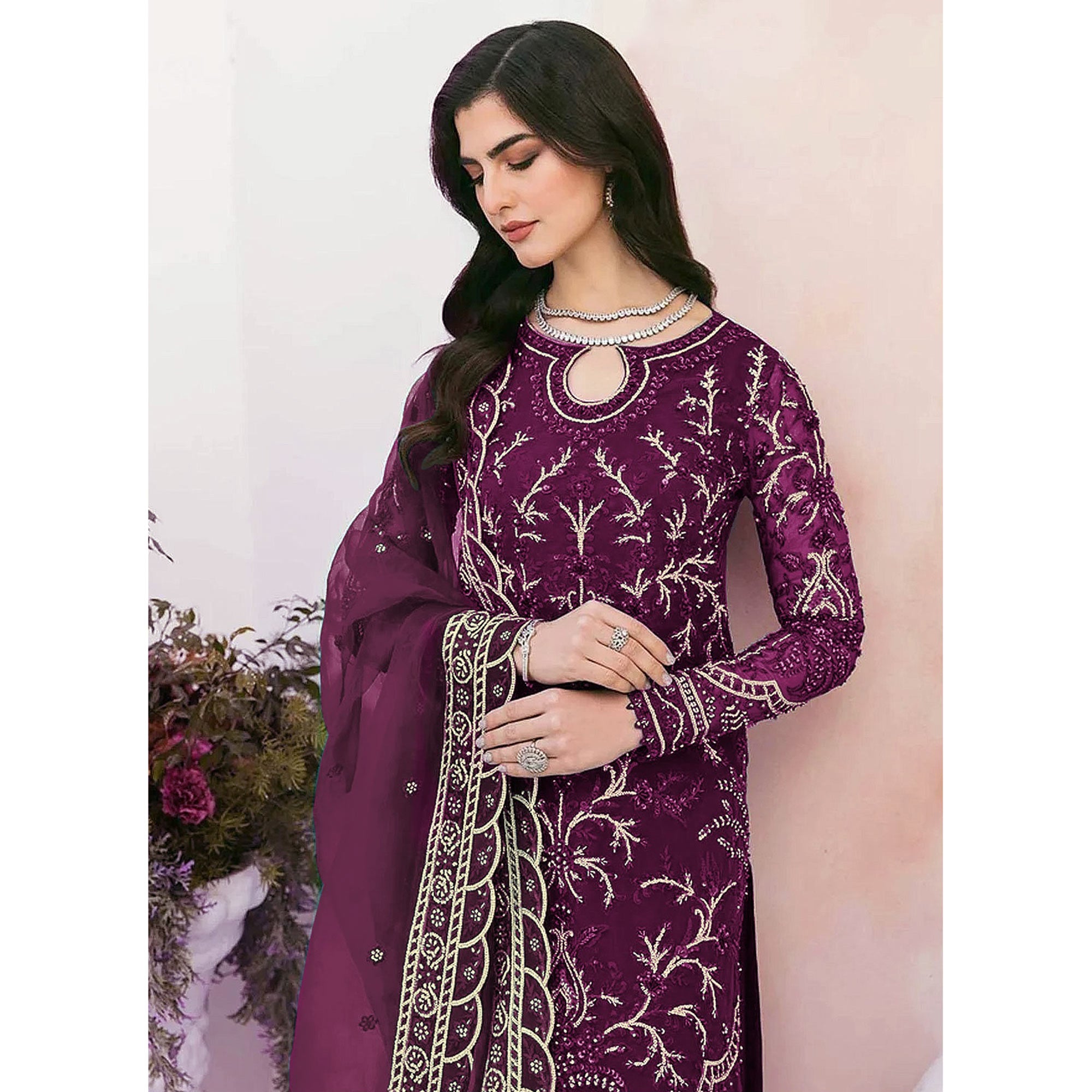Purple Sequins Embroidered Georgette Pakistani Suit