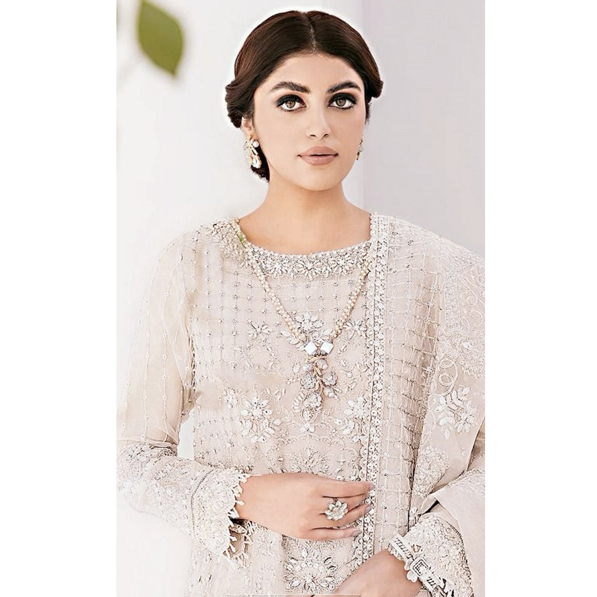 Cream Sequins Embroidered Georgette Sharara Suit